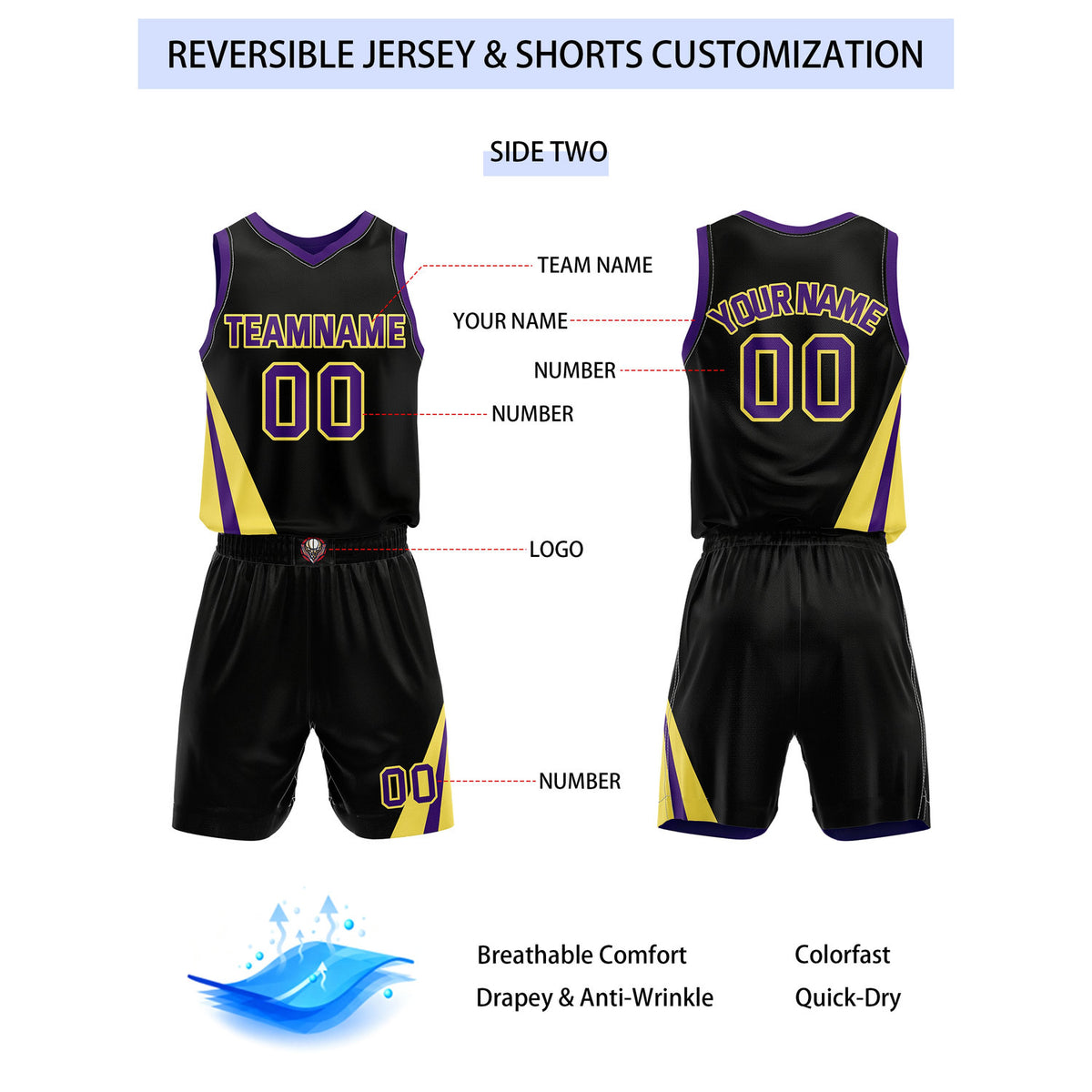 Custom Reversible Purple Black Yellow Basketball Uniform Set | Team & Player Name - Vosoli