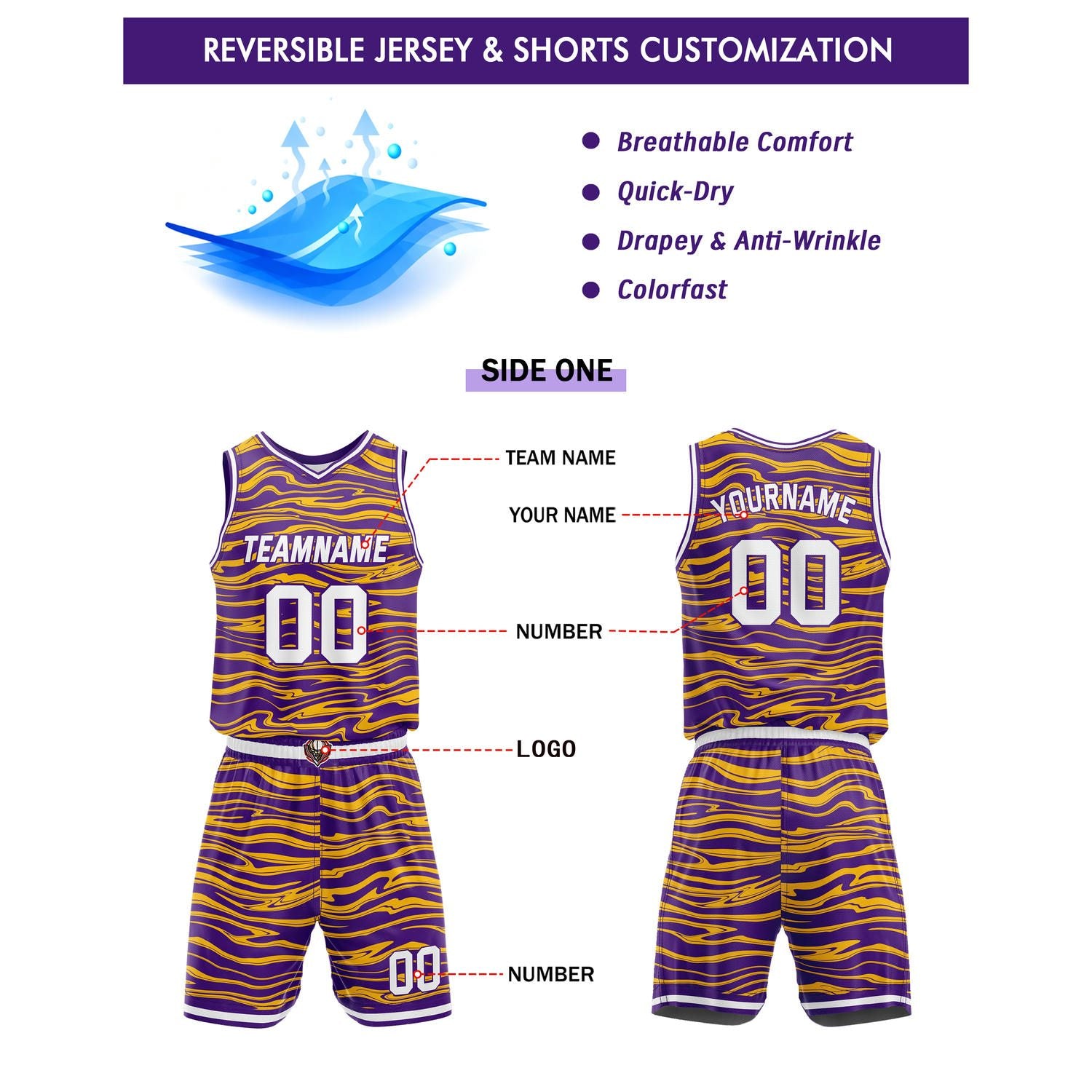 Custom Reversible Purple & Blue Wave Basketball Jersey Set - Personalized Team Name, Number & LOGO | Vosoli
