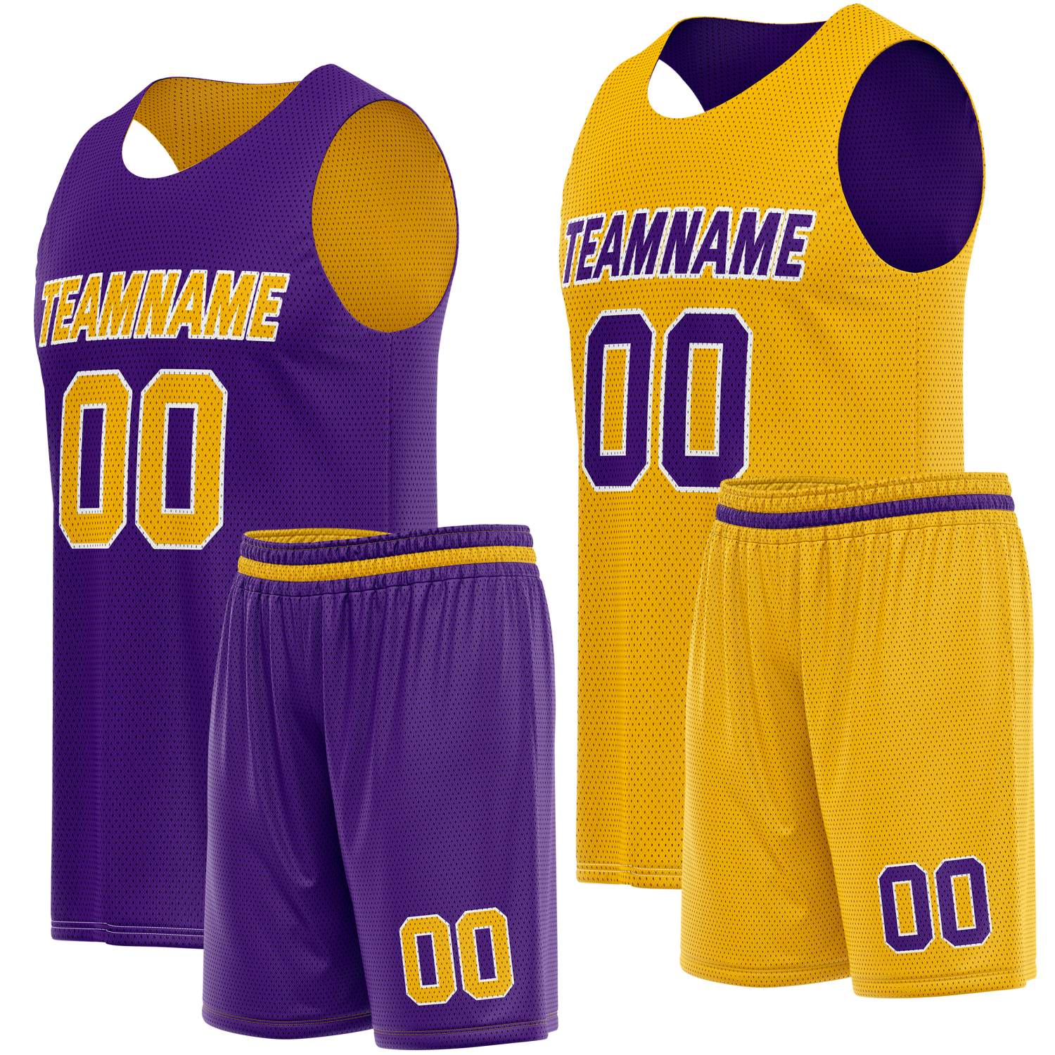 Custom Reversible Purple Gold Basketball Jersey Shorts Set, Personalized Team Name Number Breathable Mesh Uniform for Men Women Youth