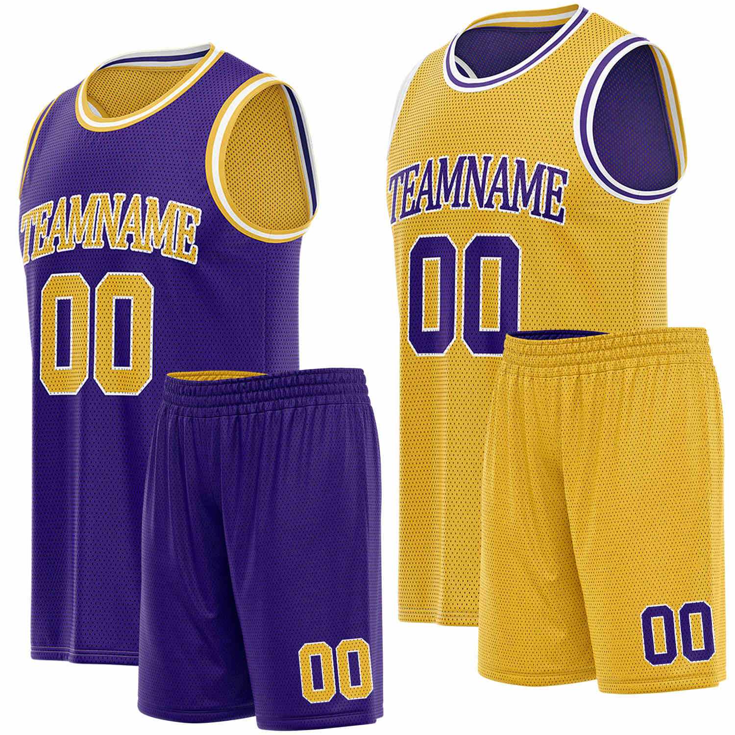 Custom reversible purple & yellow basketball uniform set, personalized team name number logo breathable mesh sports jersey and shorts for men women youth game practice - Vosoli