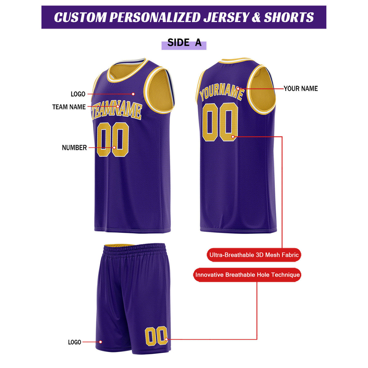 Custom Reversible Purple & Gold Basketball Uniform Set | Personalized Team Name & Number - Vosoli