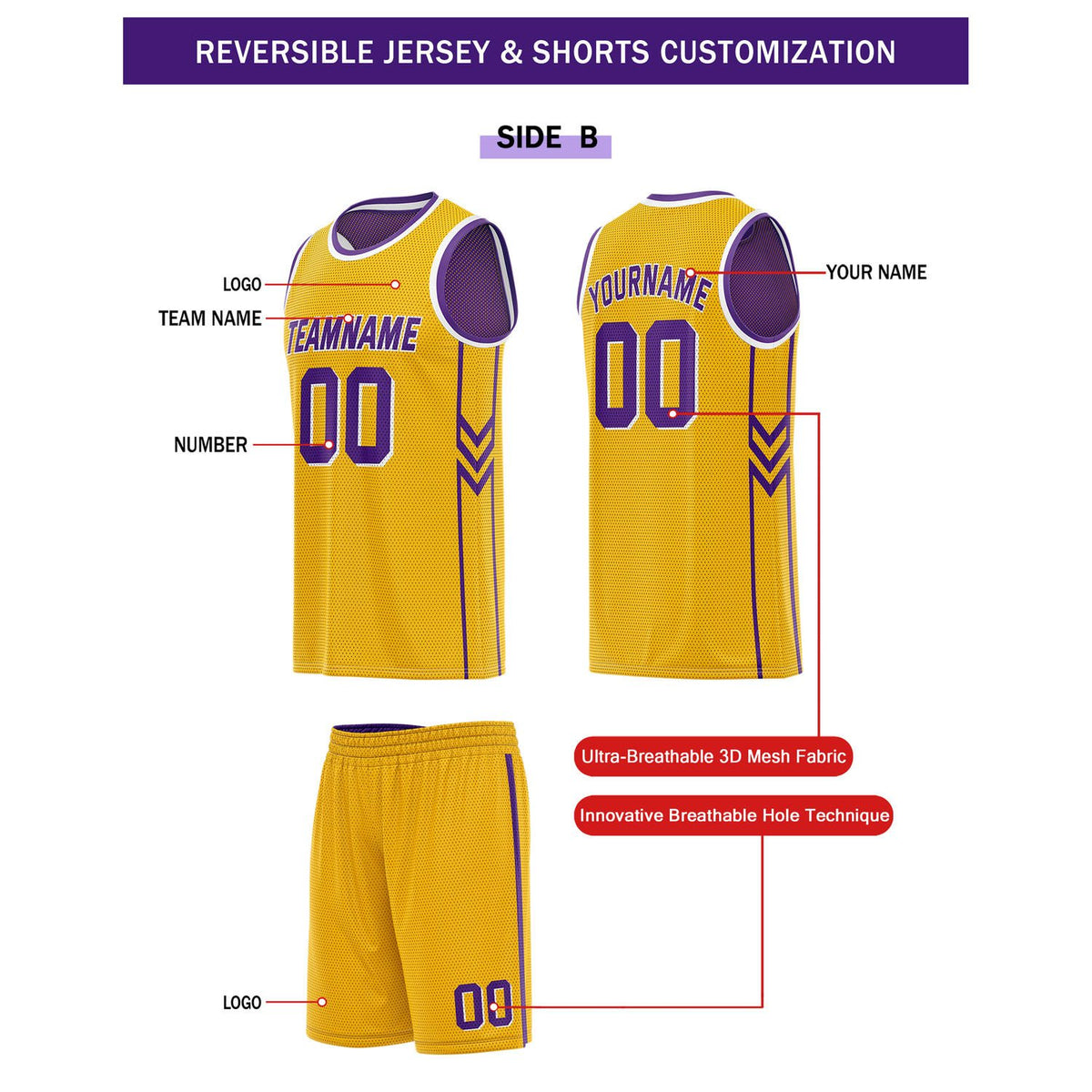 Custom Reversible Purple Gold Basketball Uniform Set | Team Name & Number - Vosoli