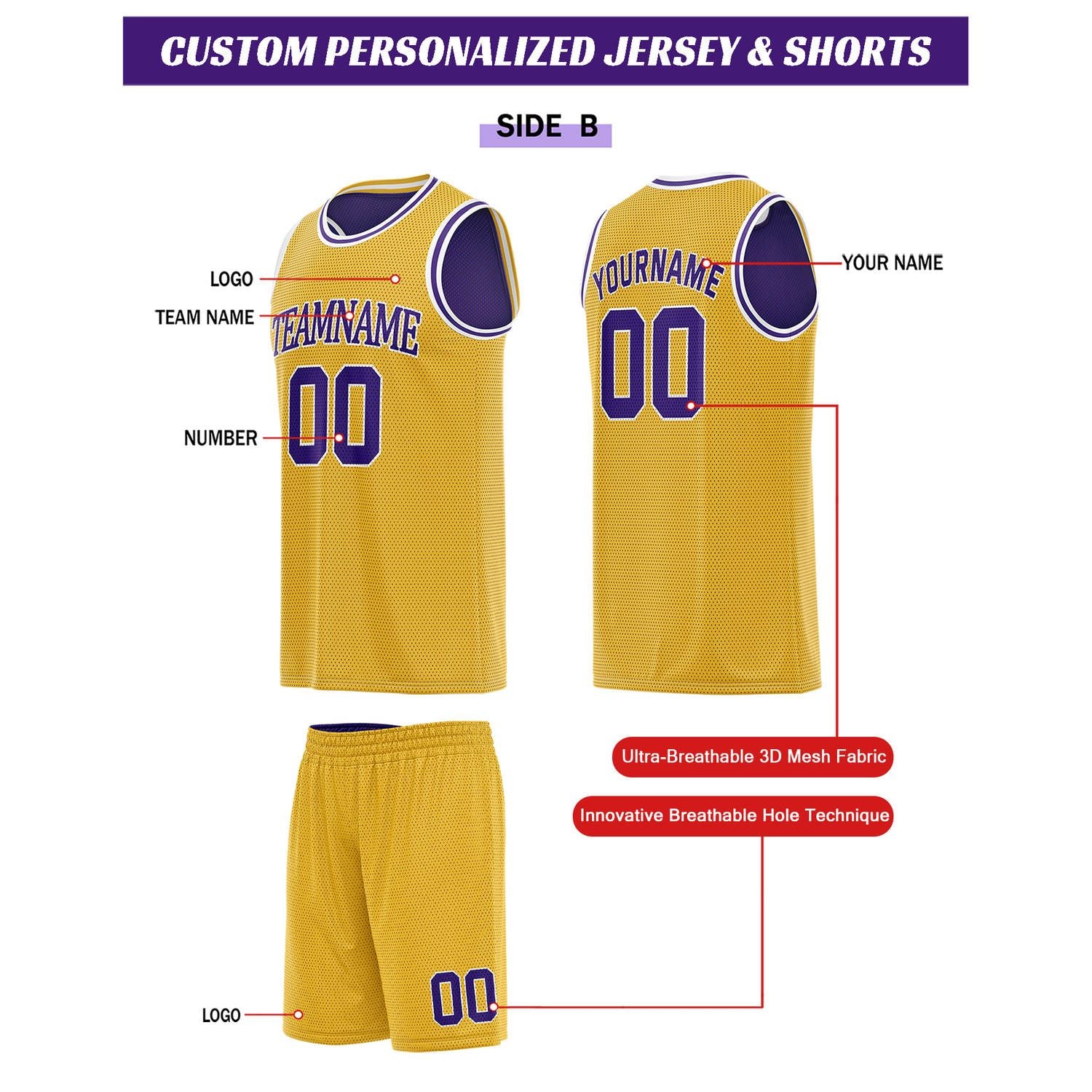 Custom Reversible Purple & Gold Basketball Uniform Set | Personalized Team Name & Number - Vosoli