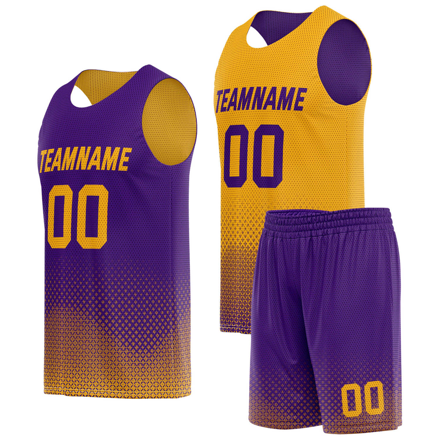 Custom reversible purple gold basketball uniform, personalized team name number logo breathable Mesh sports set for men women youth game practice wear - Vosoli
