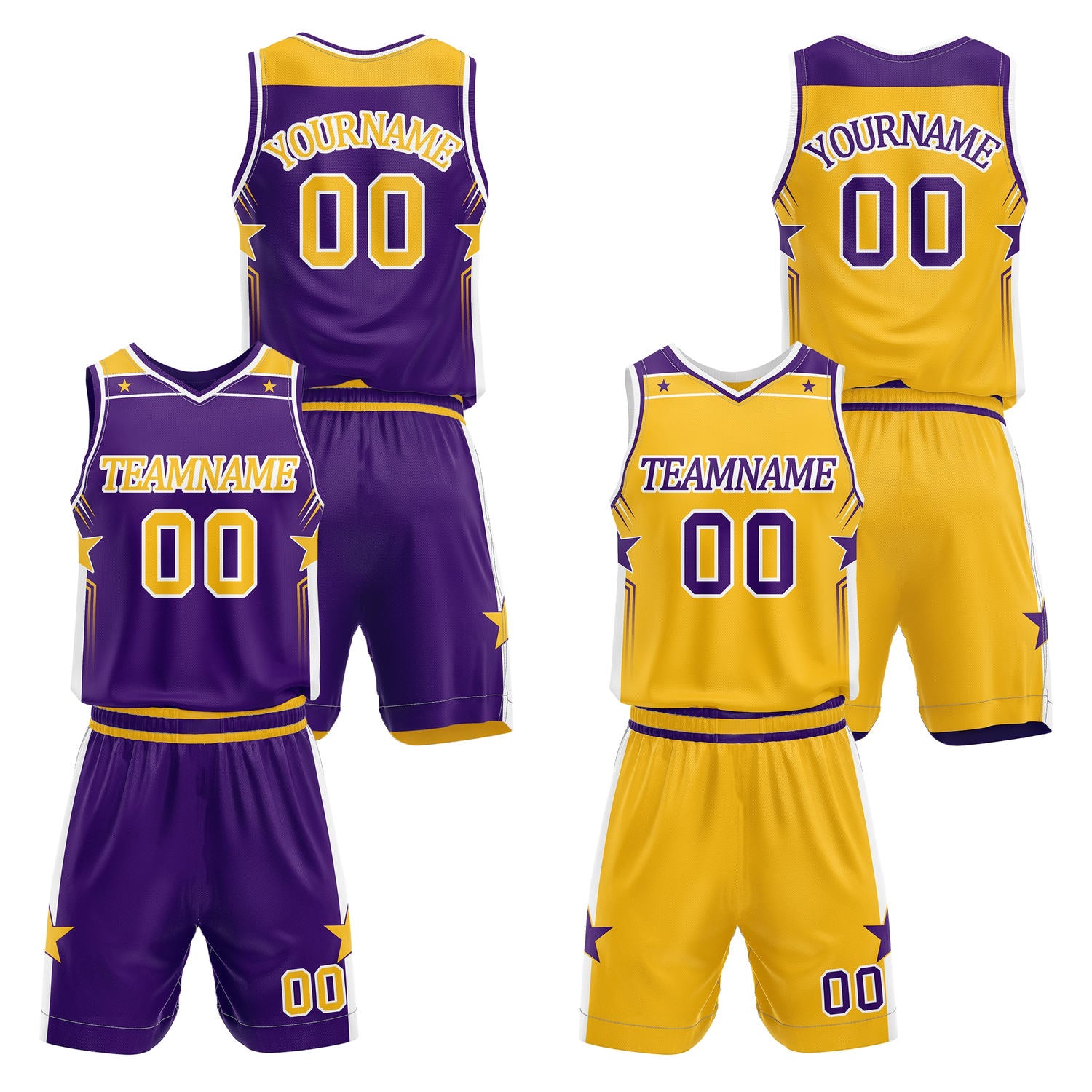 Custom reversible purple & gold basketball uniform set, personalized with team name number and logo, breathable mesh fabric for men women youth game practice - Vosoli