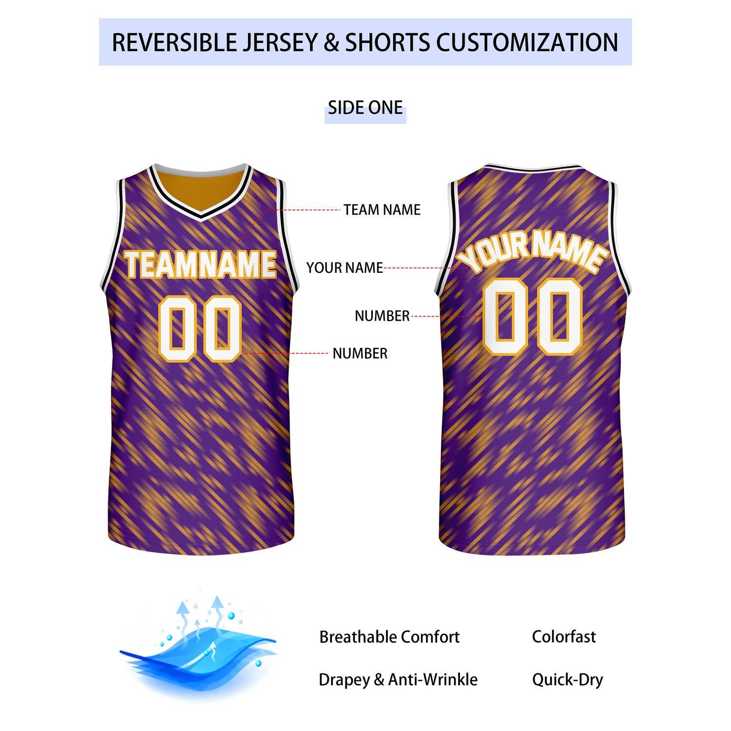 Custom Reversible Purple Gold Stripe Basketball Jersey | Team & Player Name - Vosoli