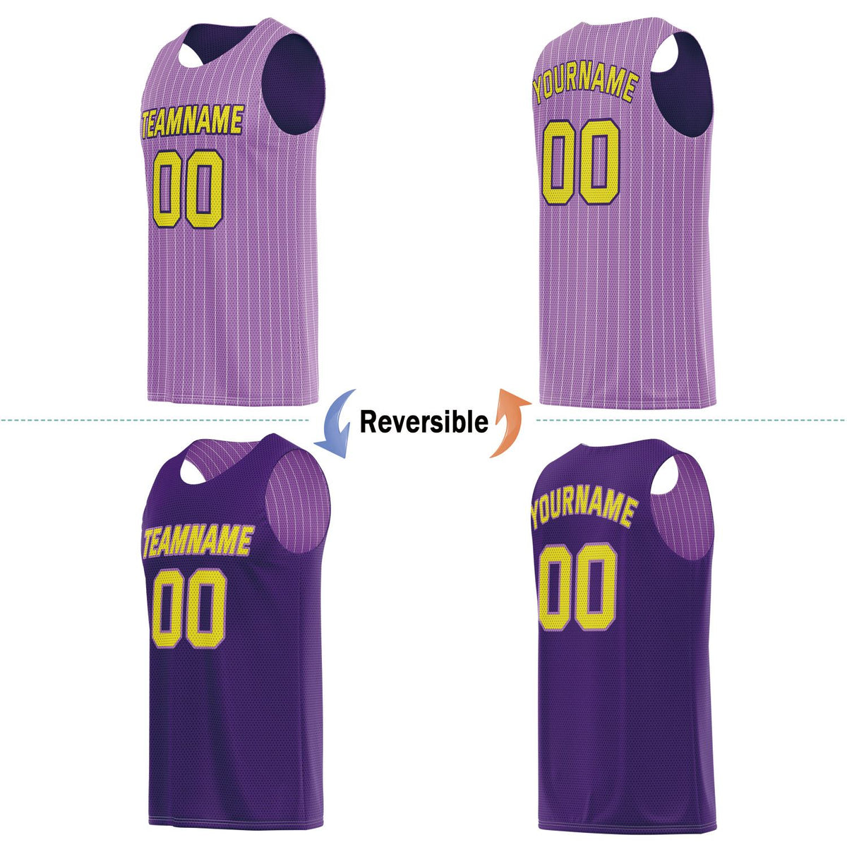 Custom Reversible Purple Gold Striped Basketball Jersey | Personalized Team Name, Number & LOGO | Vosoli
