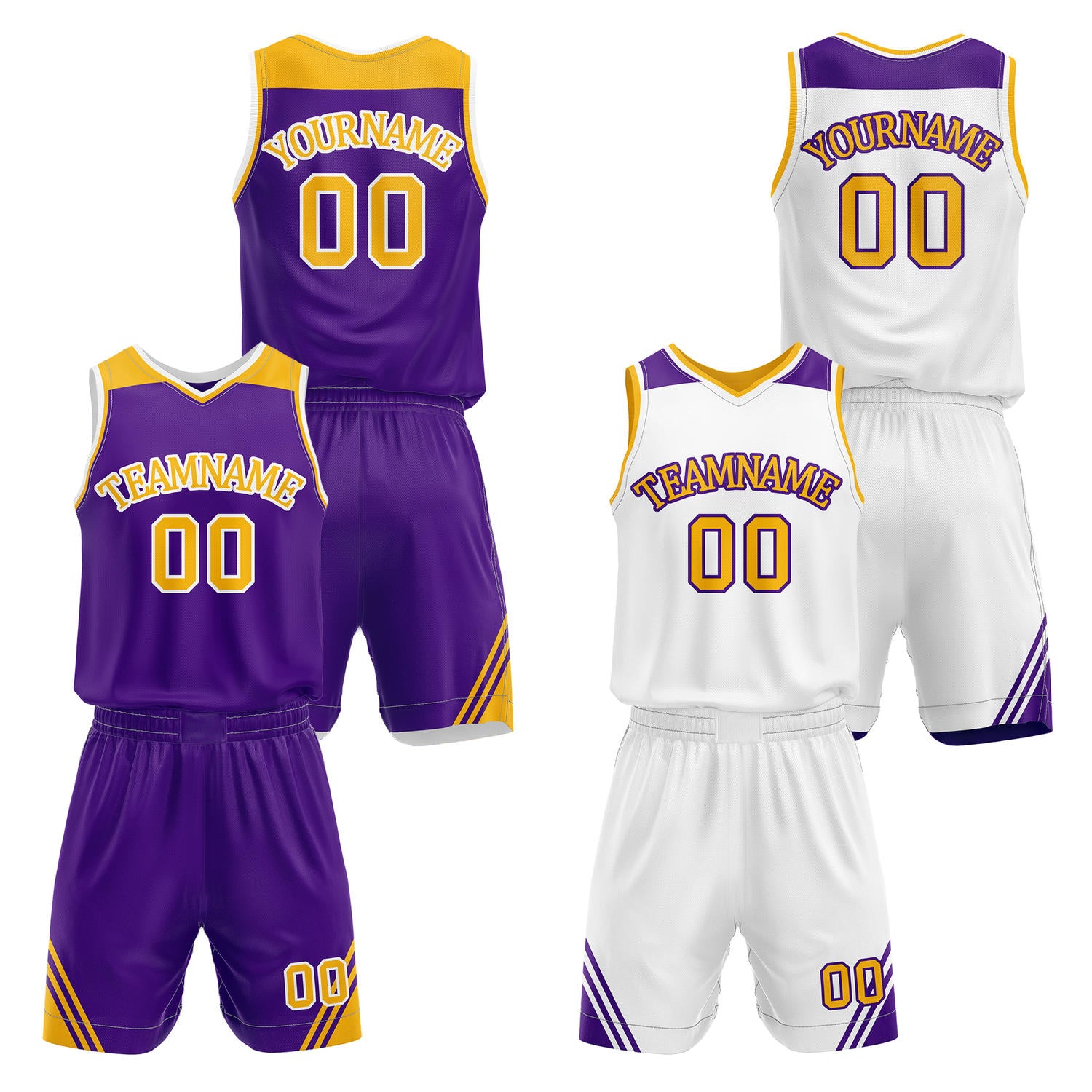 Custom reversible purple & white basketball uniform set, personalized with team name number and logo, breathable mesh fabric for men women youth game practice - Vosoli
