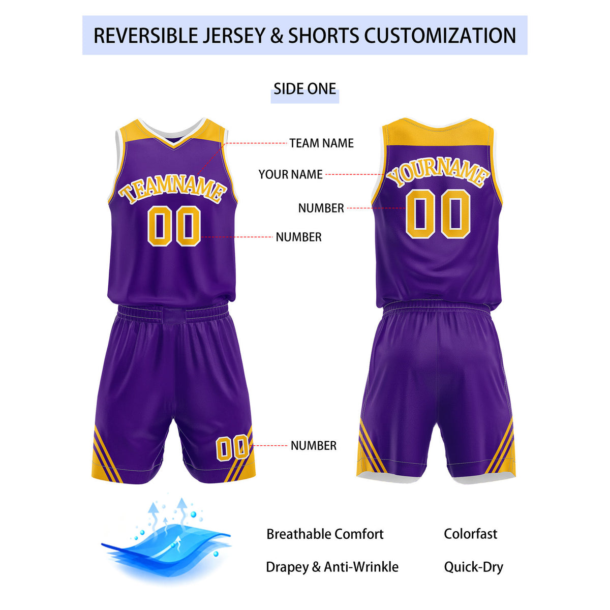 Custom Reversible Purple Gold White Basketball Uniform Set | Team Name & Number - Vosoli