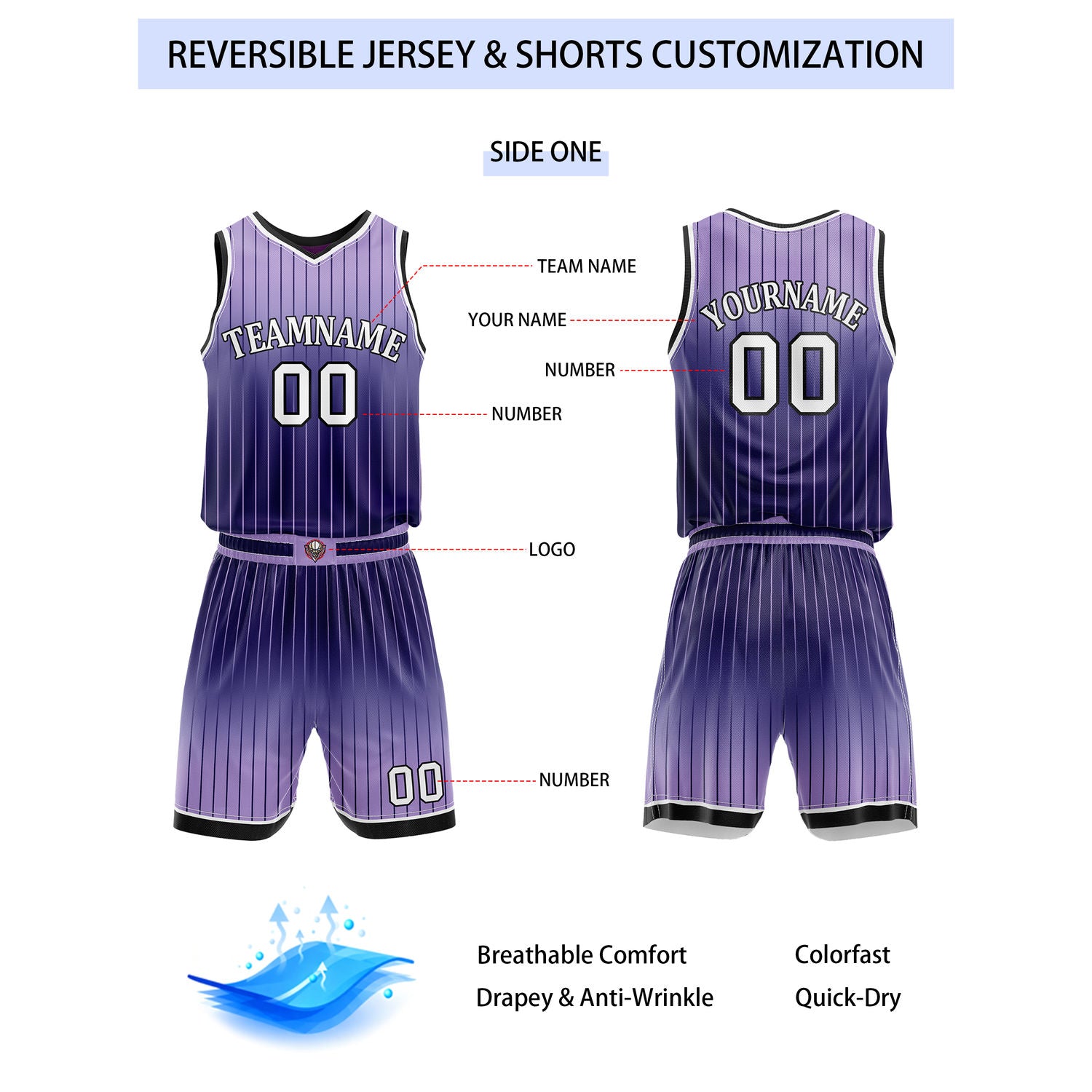 Custom Reversible Deep Purple Light Purple Gradient Striped Basketball Uniform Set | Team & Player Name - Vosoli