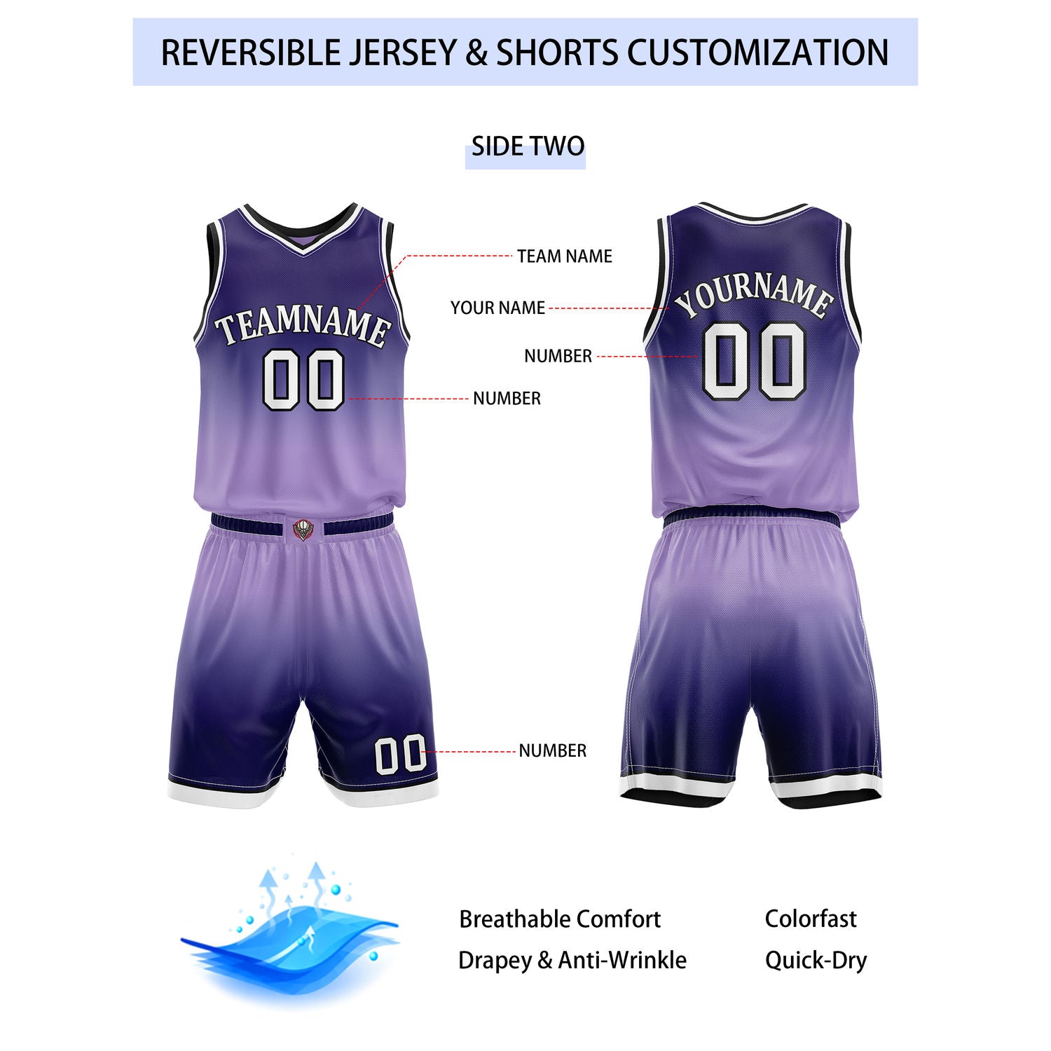 Custom Reversible Deep Purple Light Purple Gradient Striped Basketball Uniform Set | Team & Player Name - Vosoli