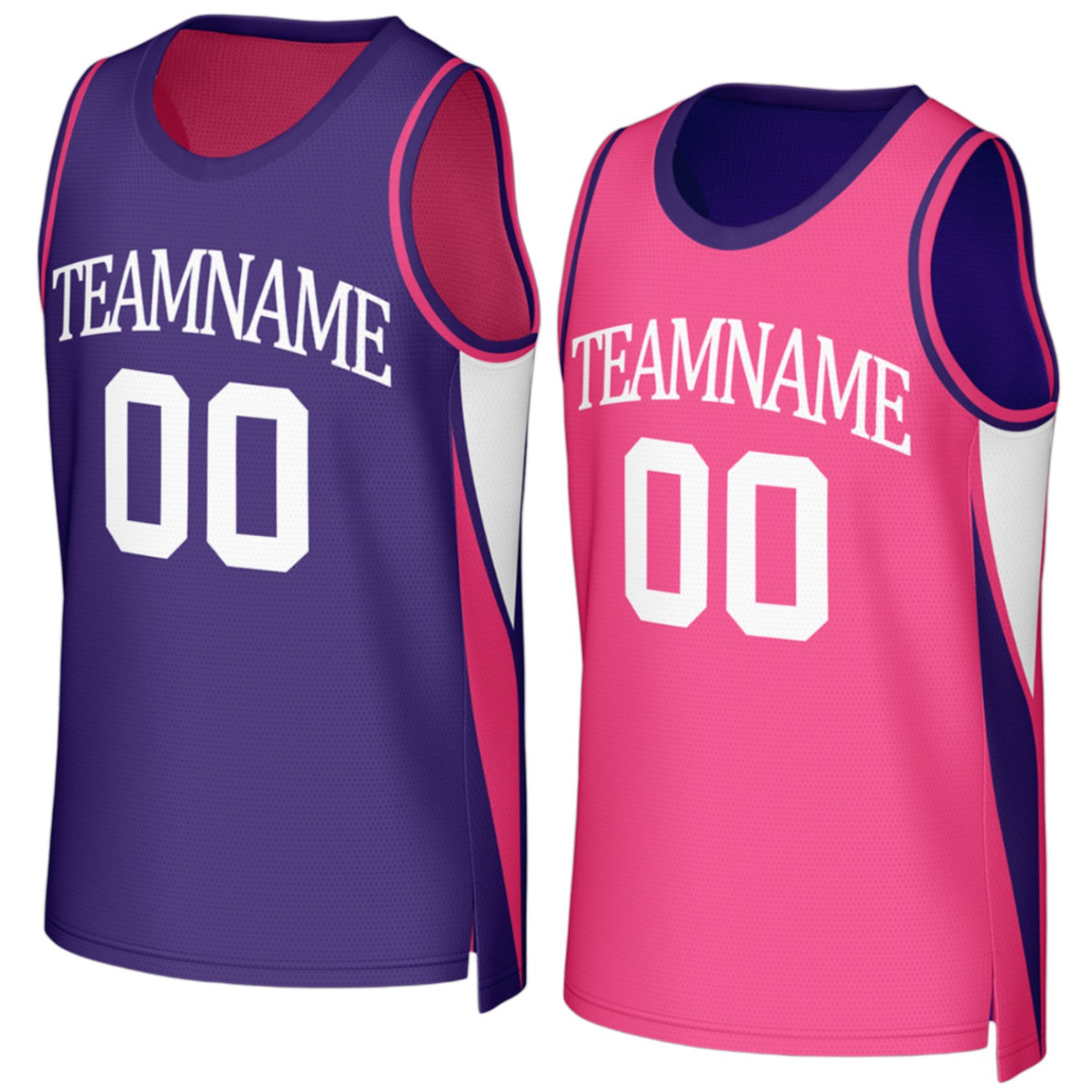 Custom purple and hot pink reversible basketball jersey for school teams by Vosoli with personalized team name, number and logo on both sides, breathable mesh 2‑in‑1 jersey for high school, college and AAU teams