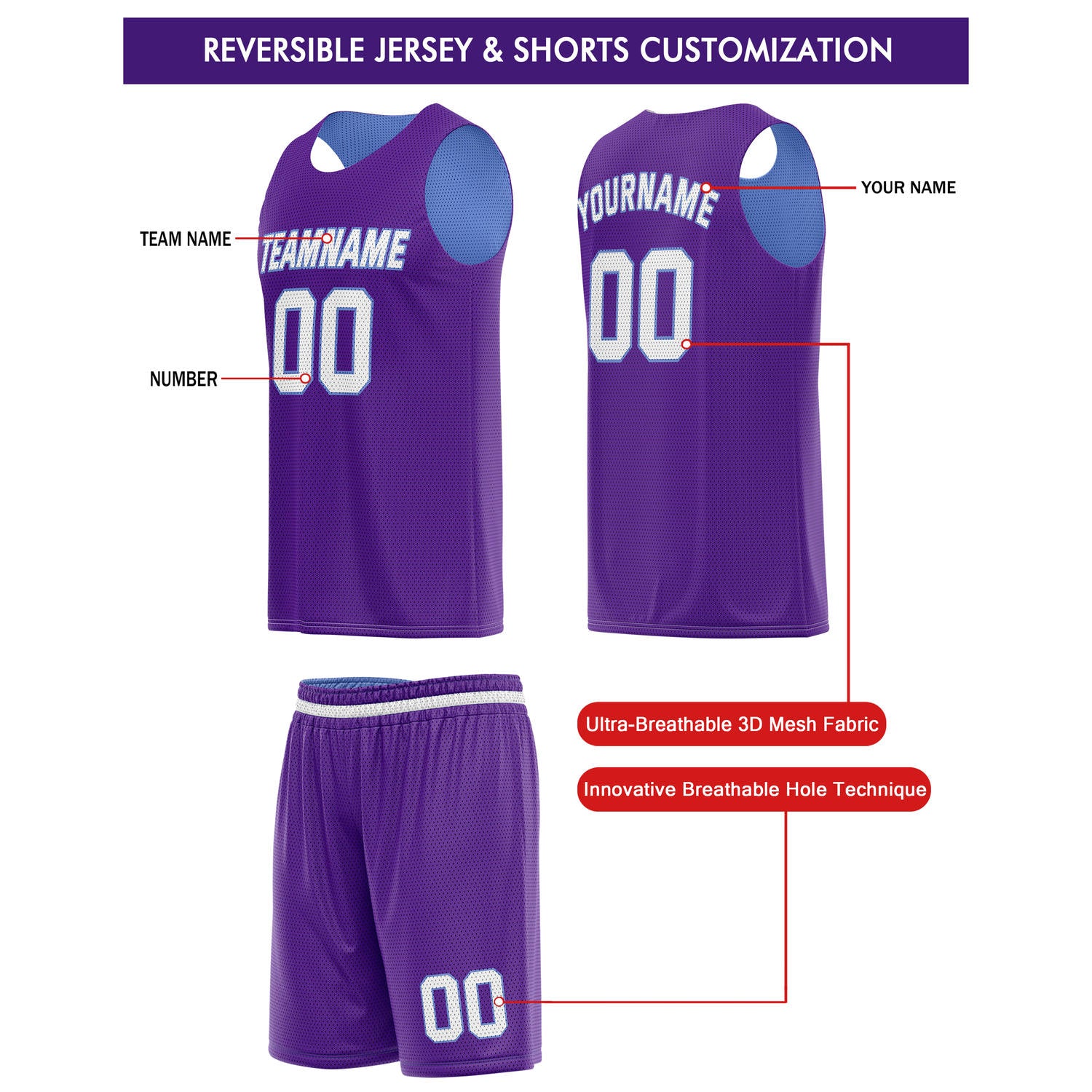 Custom Reversible Purple Light Blue Basketball Jersey & Shorts Set | Personalized Team Kit | Vosoli