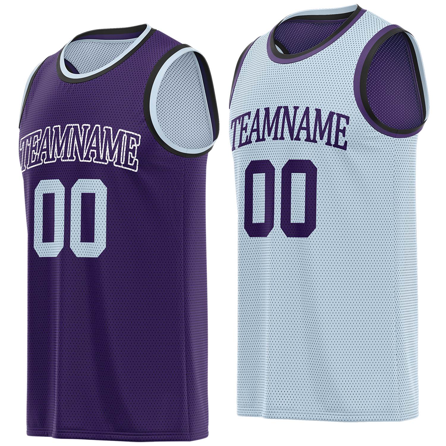 Custom reversible purple & light blue basketball jersey, personalized team name number logo breathable mesh sports top for men women youth game practice - Vosoli
