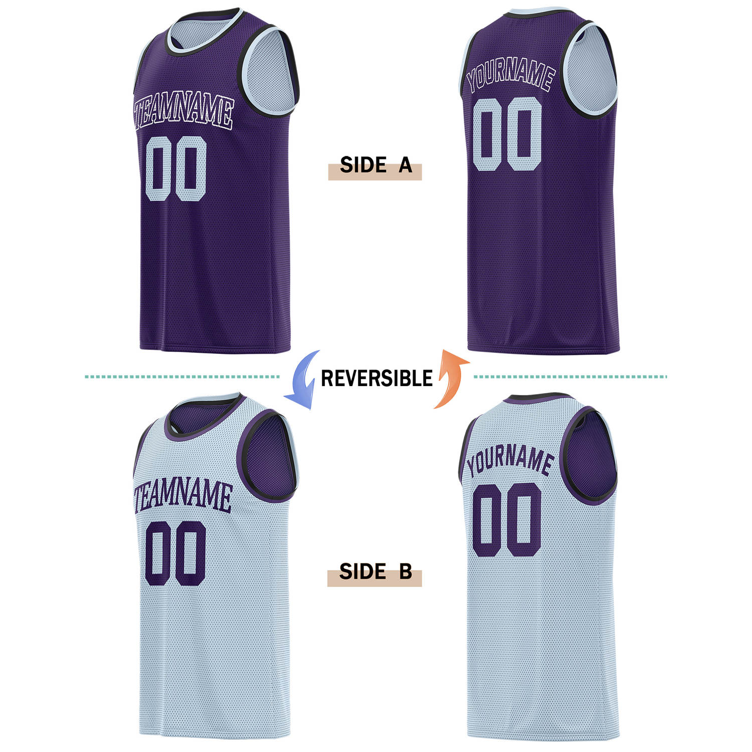 Custom Reversible Purple & Light Blue Basketball Jersey | Personalized for Team Sports - Vosoli