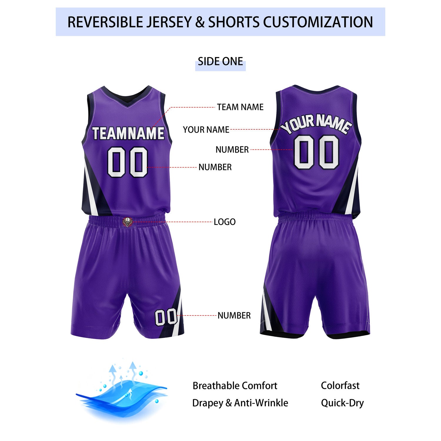 Custom Reversible Purple Navy Basketball Uniform Set | Team & Player Name - Vosoli