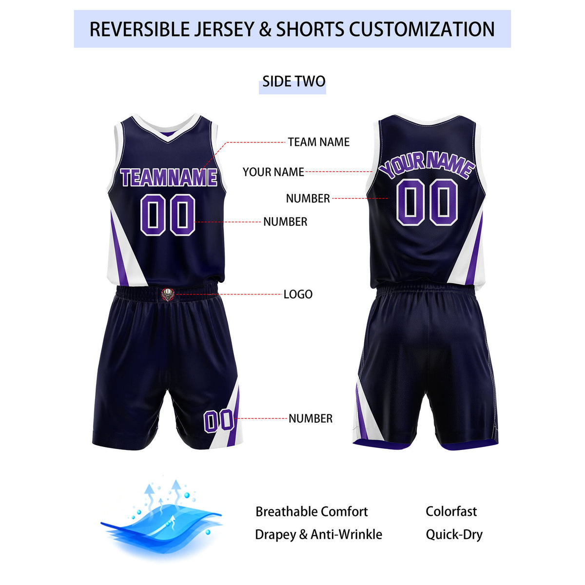 Custom Reversible Purple Navy Basketball Uniform Set | Team & Player Name - Vosoli