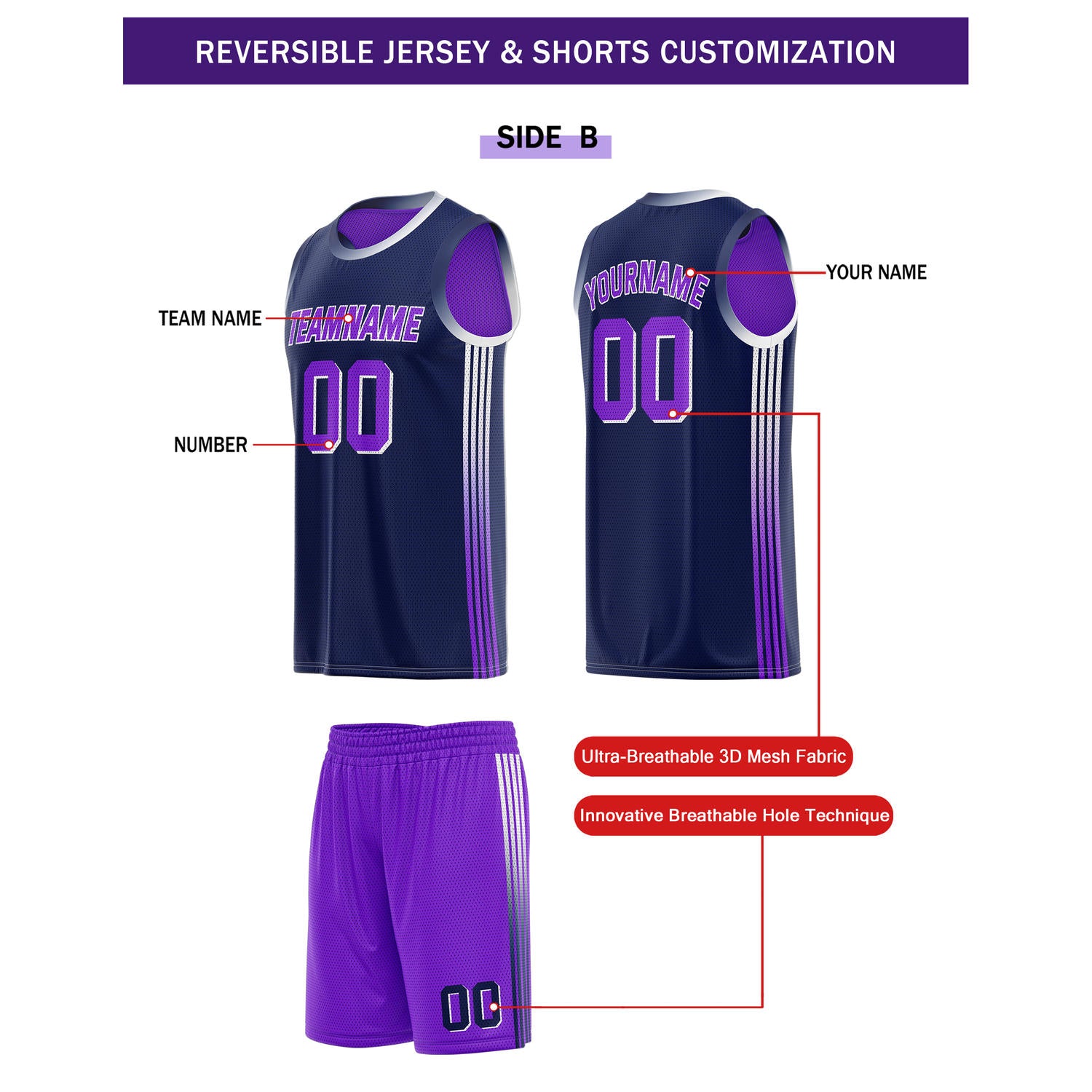 Custom Reversible Purple Navy Basketball Uniform Set | Team & Player Name - Vosoli