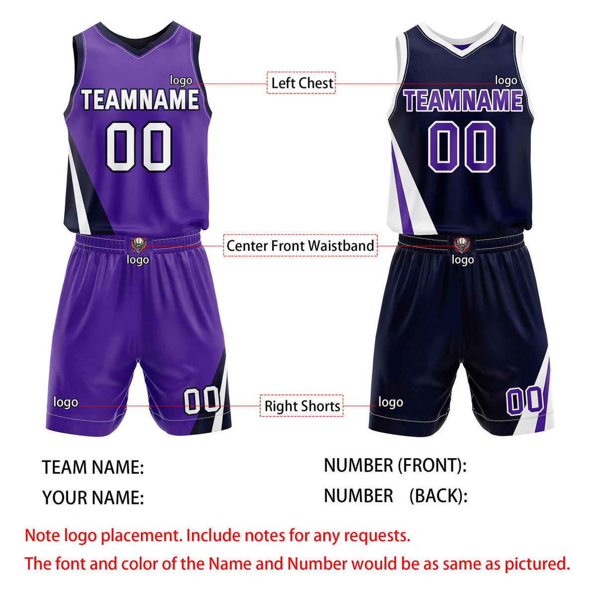 Custom Reversible Purple Navy Basketball Uniform Set | Team & Player Name - Vosoli