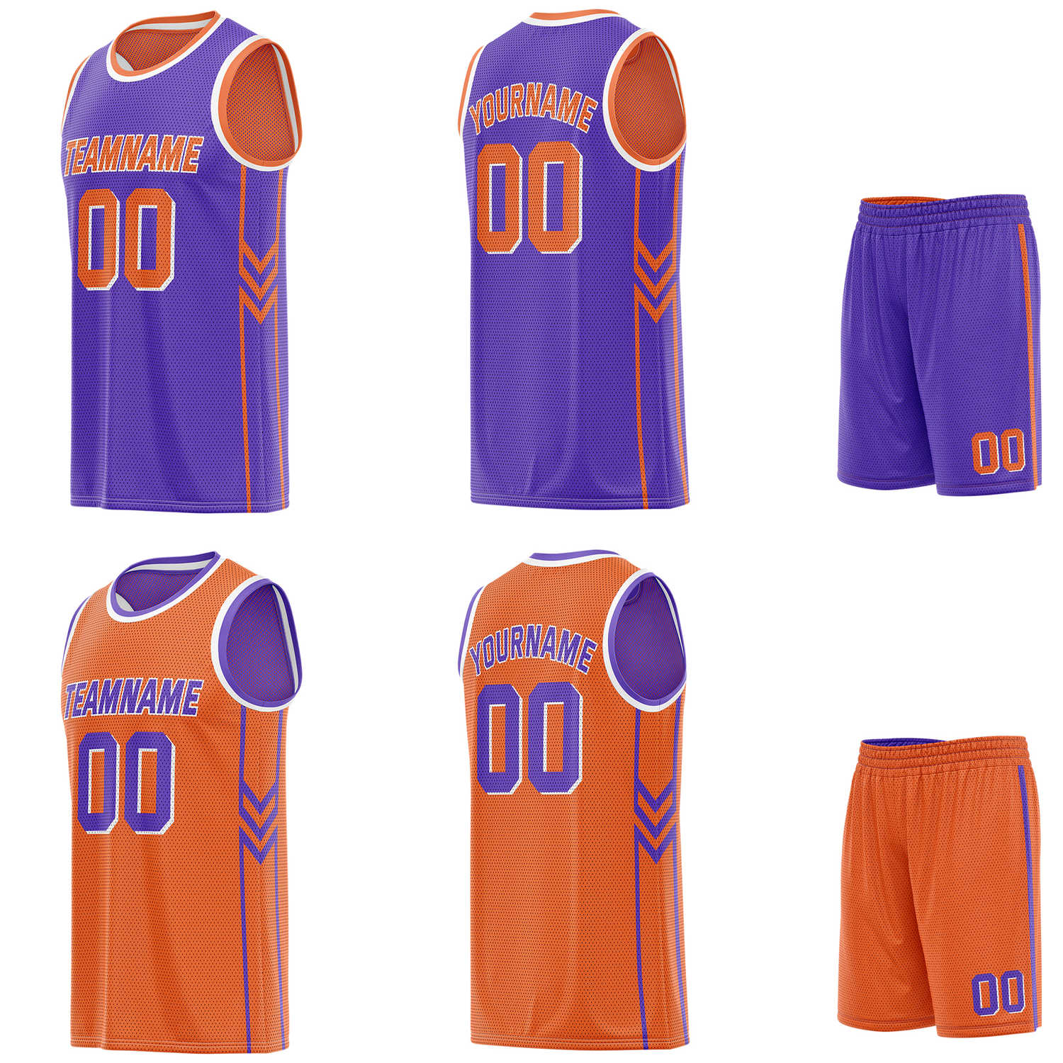 Custom reversible purple & orange basketball uniform set, personalized with team name number and logo, breathable mesh fabric for men women youth game practice - Vosoli