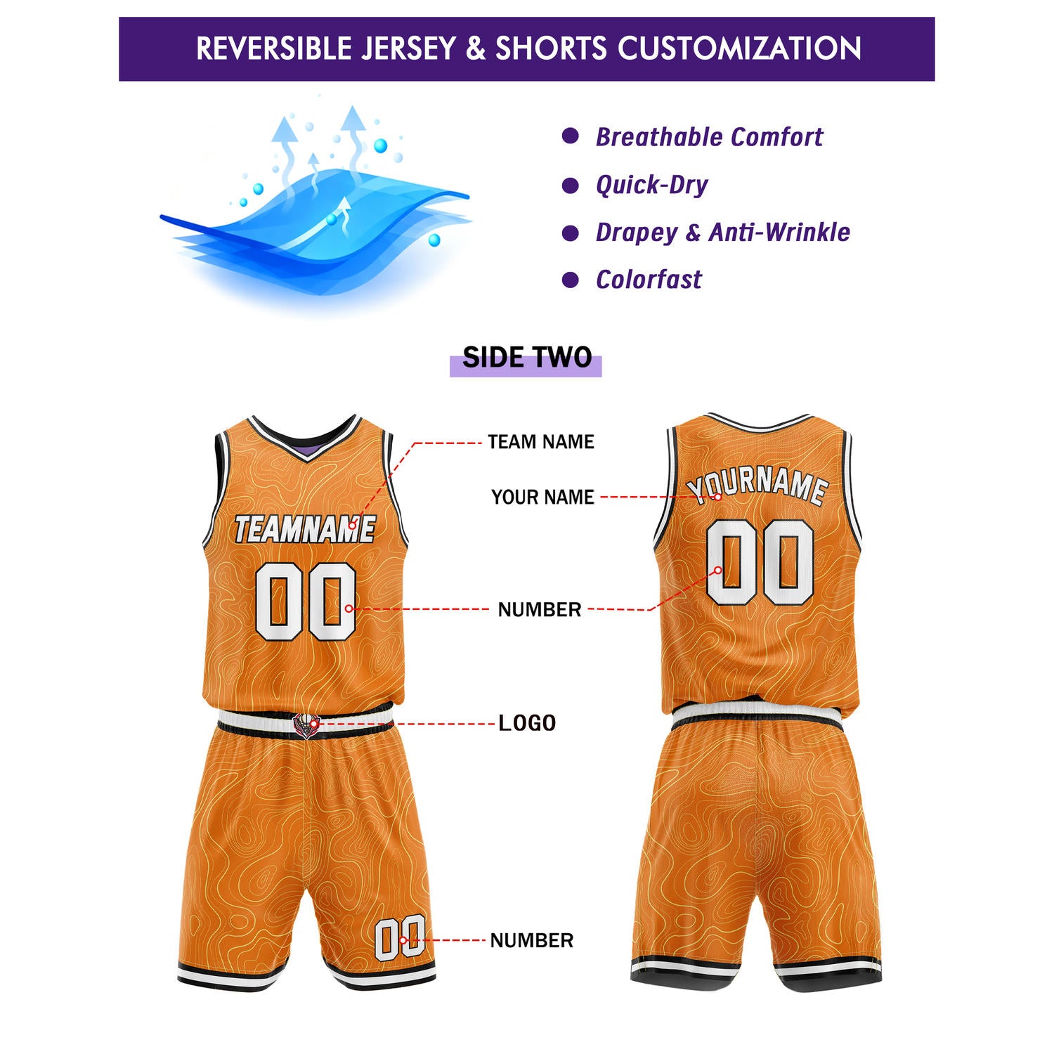 Custom Reversible Purple & Orange Wave Basketball Jersey Set - Personalized Team Name, Number & LOGO | Vosoli