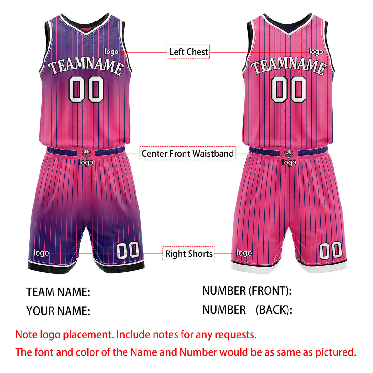Custom Reversible Purple Pink Gradient Striped Basketball Uniform Set | Team & Player Name - Vosoli