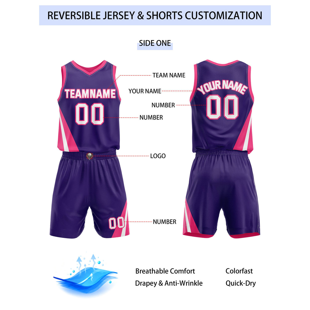 Custom Reversible Purple Pink Basketball Uniform Set | Team & Player Name - Vosoli