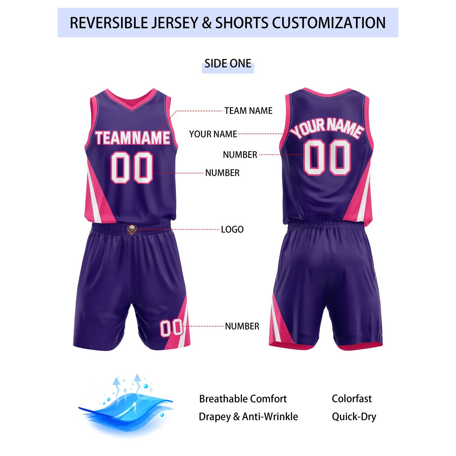 Custom Reversible Purple Pink Basketball Uniform Set | Team & Player Name - Vosoli