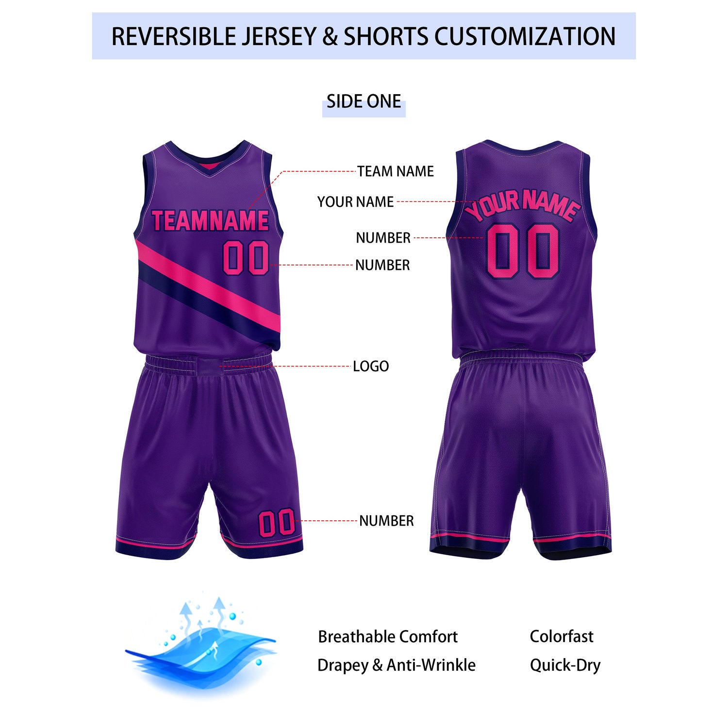 Custom Reversible Purple Pink Basketball Uniform Set | Team & Player Name - Vosoli