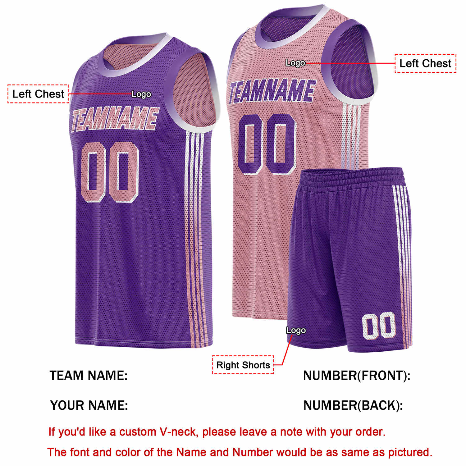 Custom Reversible Purple Pink Basketball Uniform Set | Team & Player Name - Vosoli