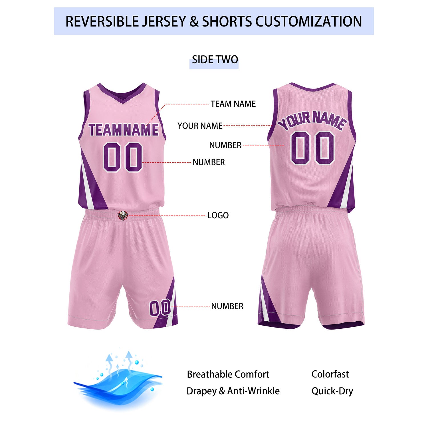 Custom Reversible Purple Pink Basketball Uniform Set | Team & Player Name - Vosoli
