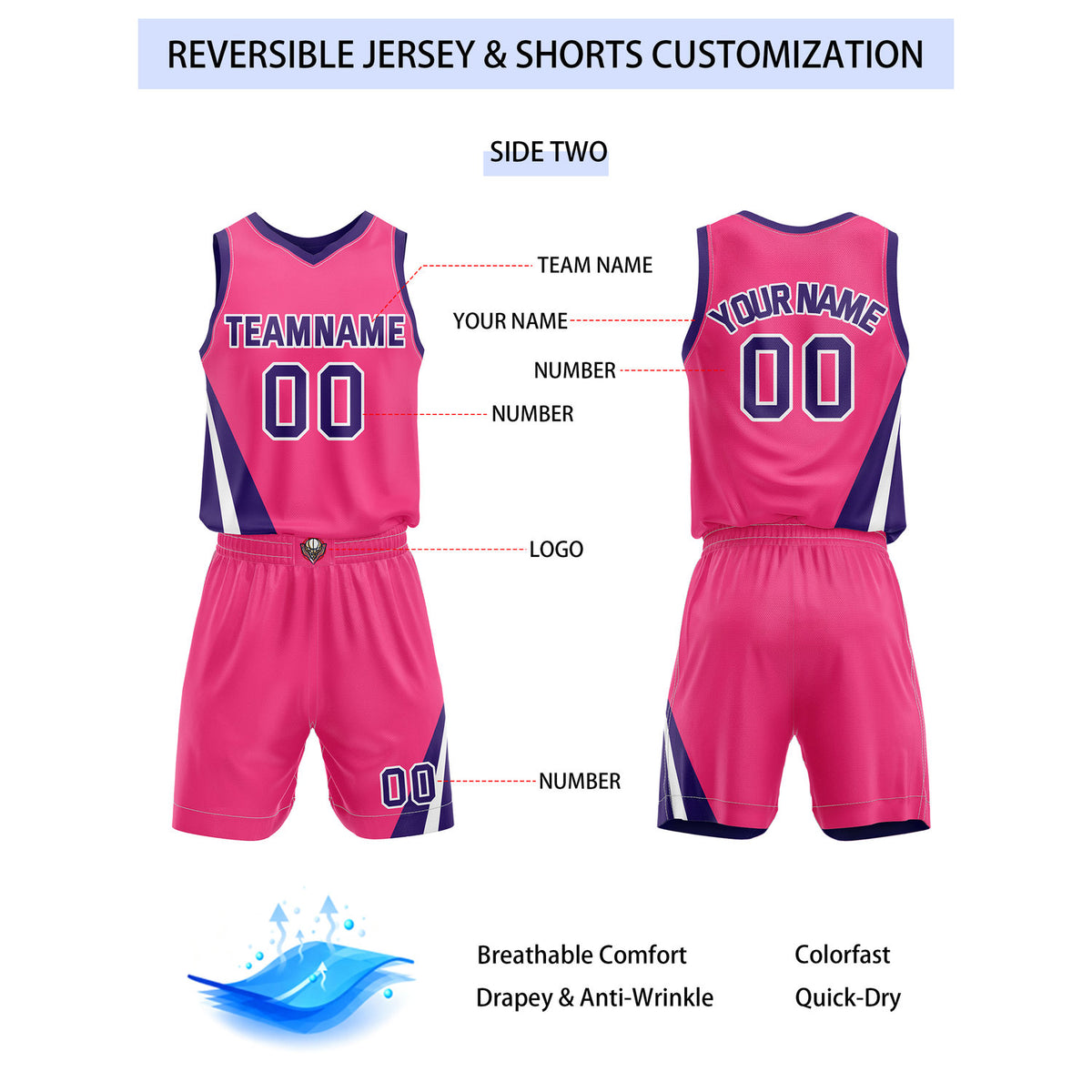 Custom Reversible Purple Pink Basketball Uniform Set | Team & Player Name - Vosoli