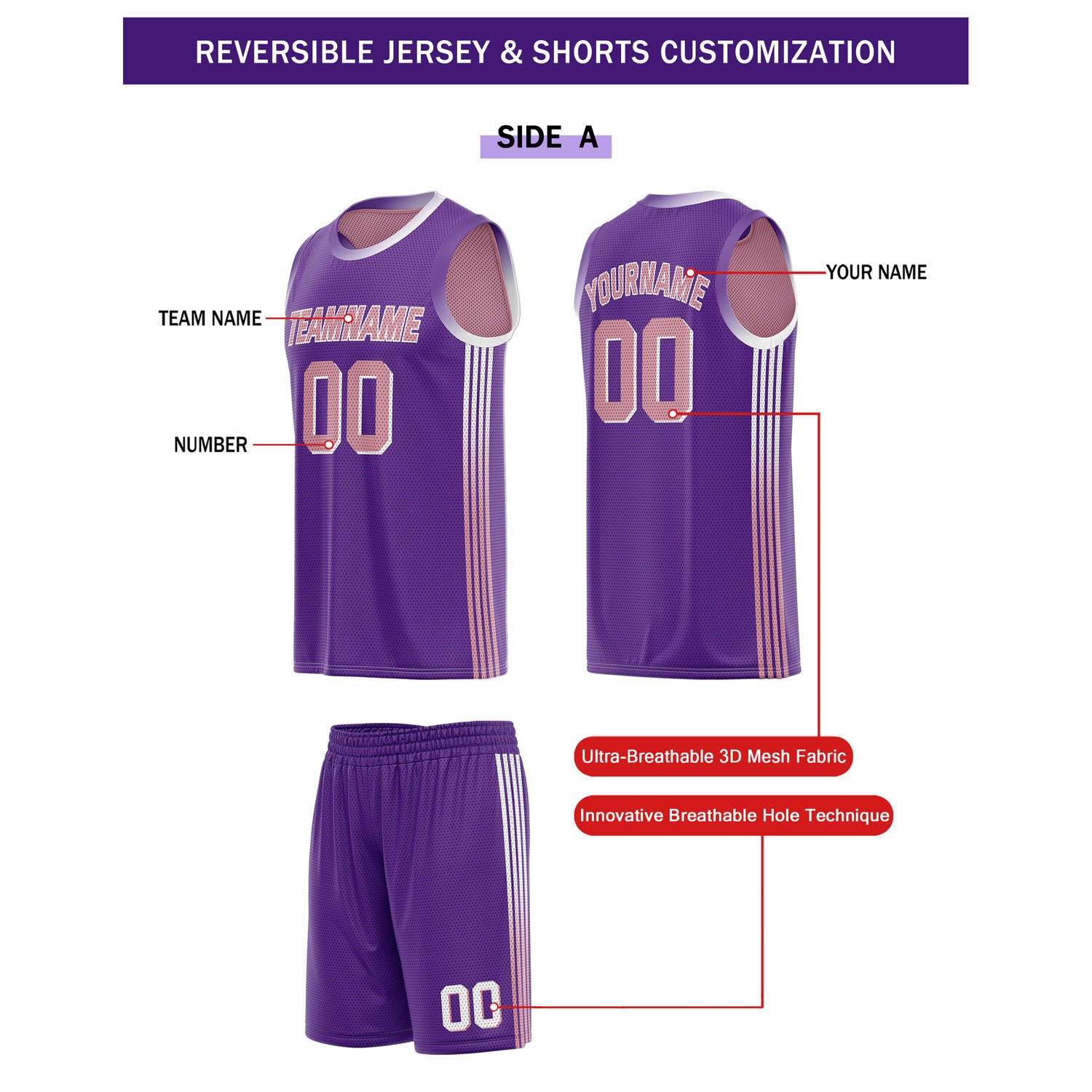 Custom Reversible Purple Pink Basketball Uniform Set | Team & Player Name - Vosoli