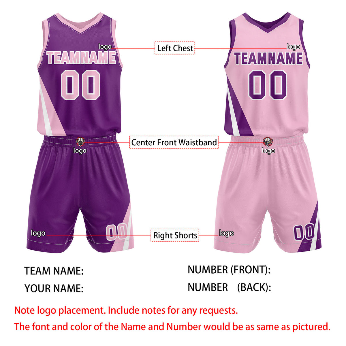 Custom Reversible Purple Pink Basketball Uniform Set | Team & Player Name - Vosoli