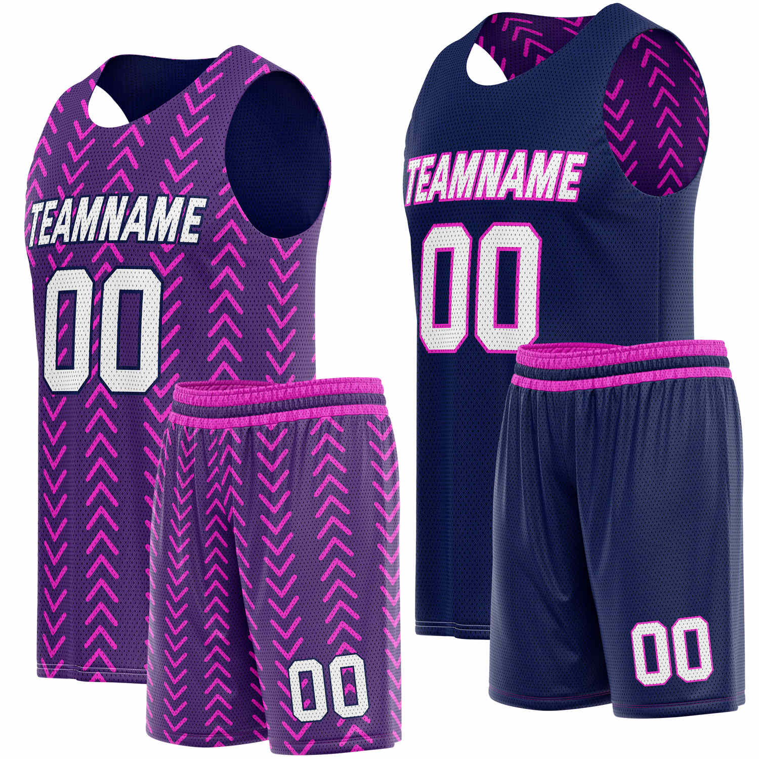 Custom Reversible Basketball Jersey + Shorts Set (Purple & Pink Chevron) - Personalized Team Name, Number & LOGO | Vosoli