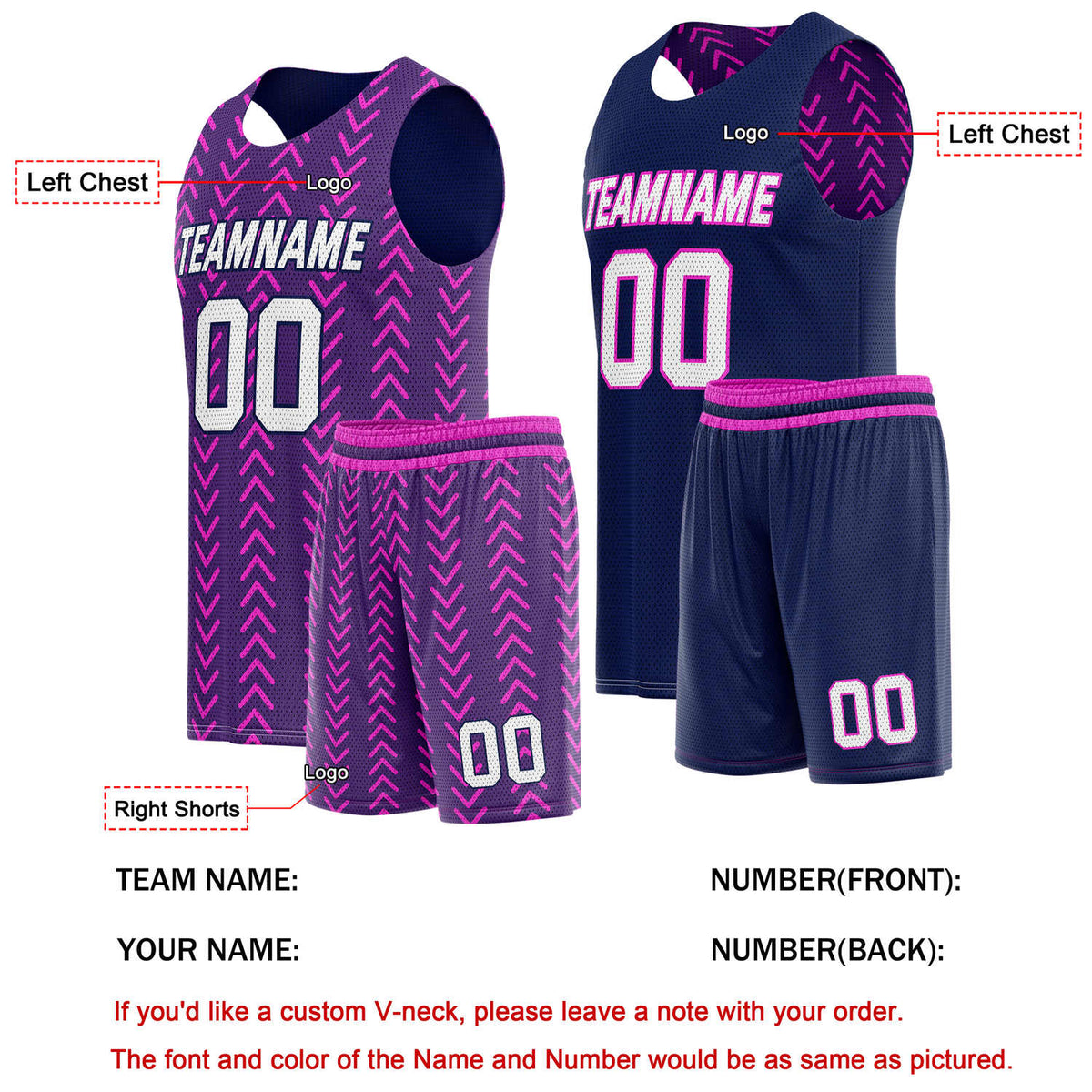 Custom Reversible Basketball Jersey + Shorts Set (Purple & Pink Chevron) - Personalized Team Name, Number & LOGO | Vosoli