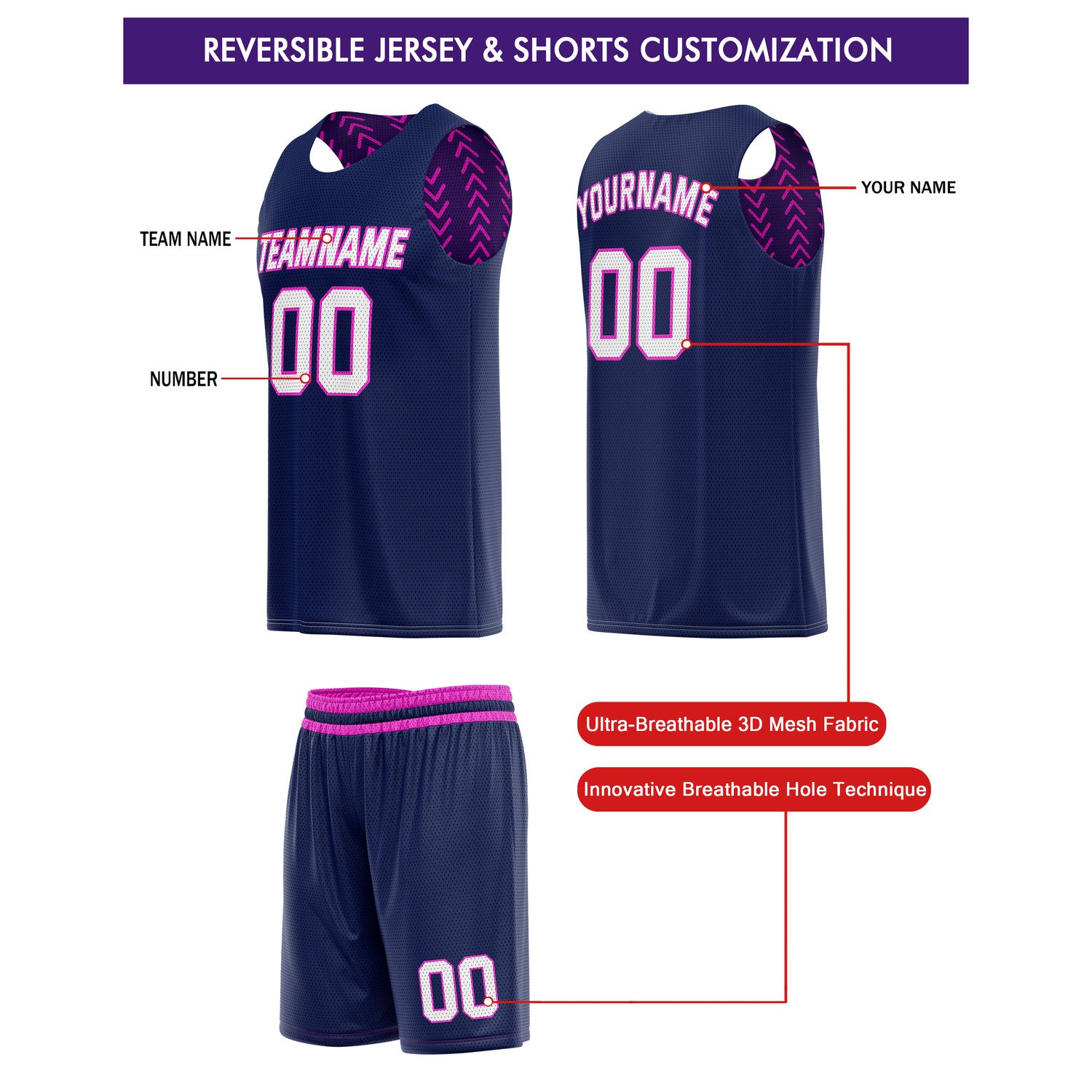 Custom Reversible Basketball Jersey + Shorts Set (Purple & Pink Chevron) - Personalized Team Name, Number & LOGO | Vosoli