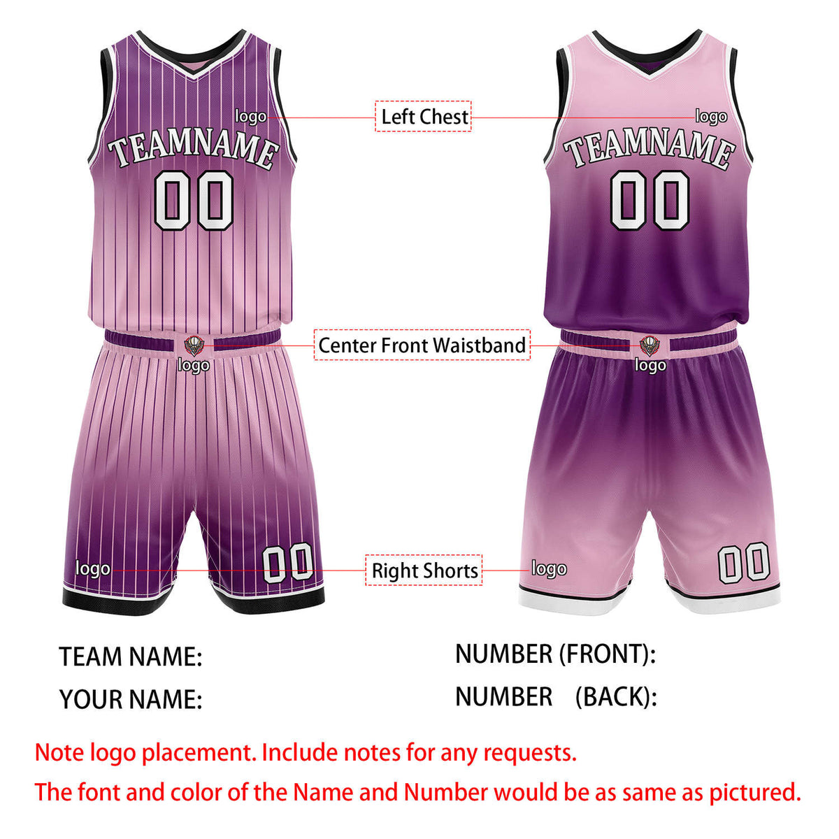 Custom Reversible Purple Pink Gradient Striped Basketball Uniform Set | Team & Player Name - Vosoli