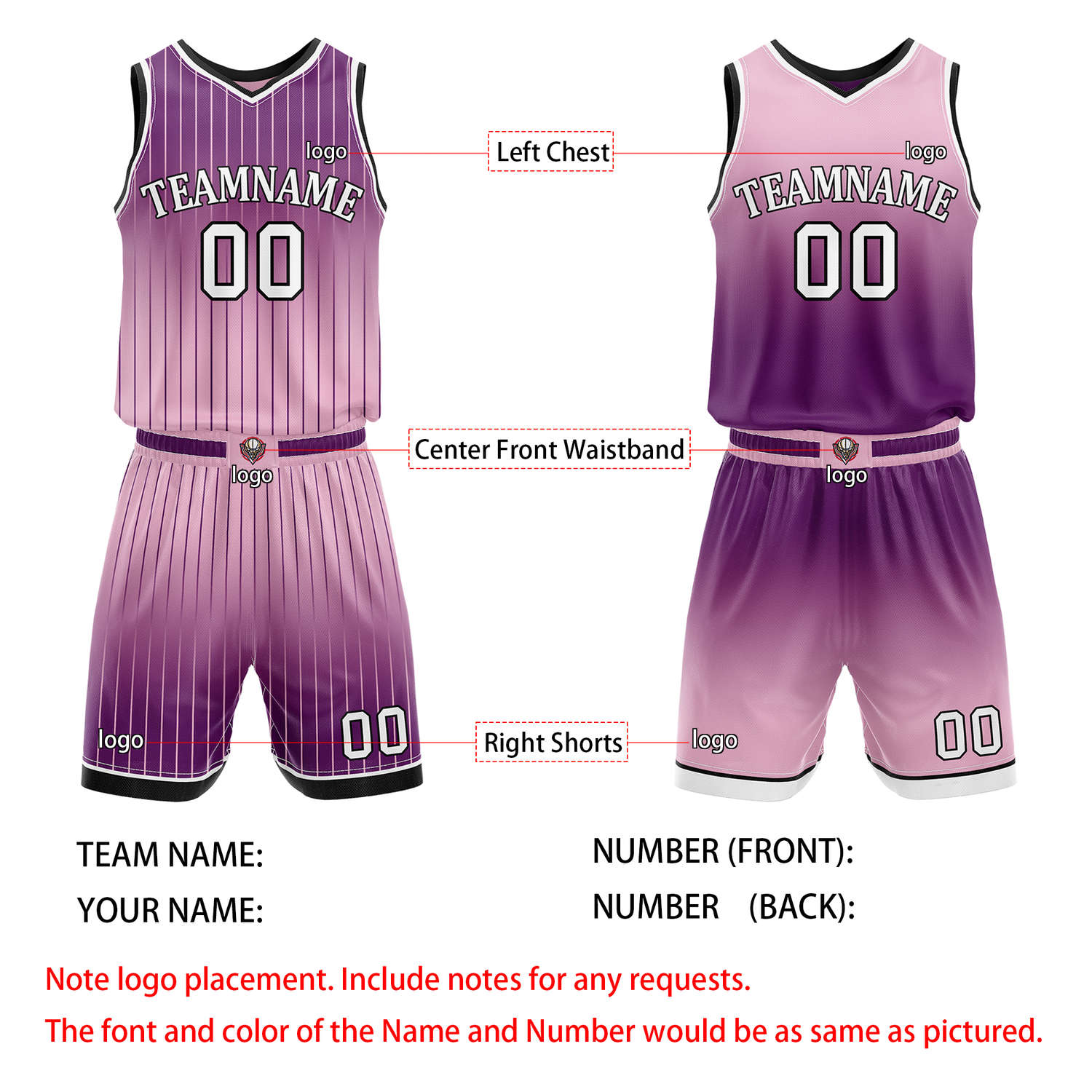 Custom Reversible Purple Pink Gradient Striped Basketball Uniform Set | Team & Player Name - Vosoli