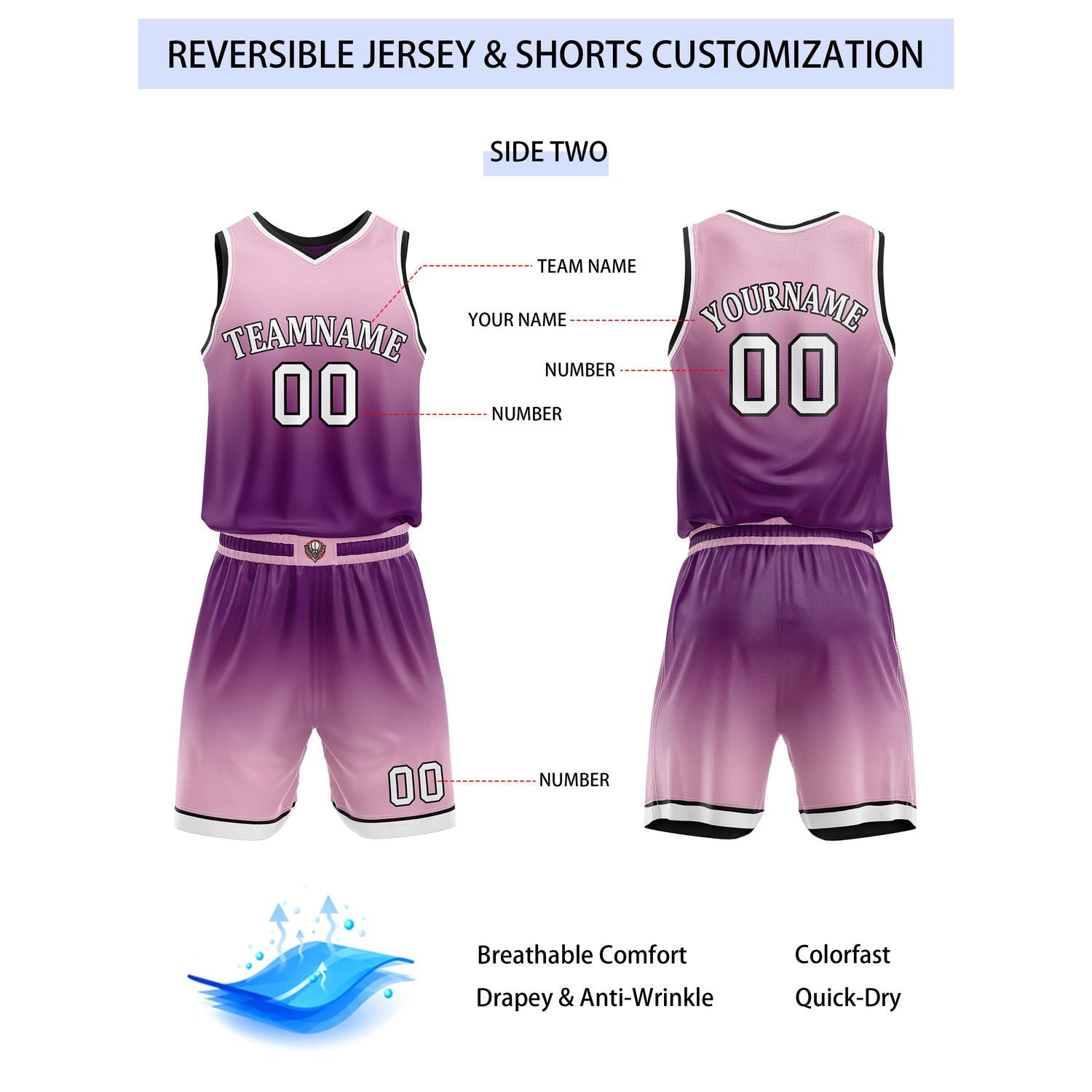 Custom Reversible Purple Pink Gradient Striped Basketball Uniform Set | Team & Player Name - Vosoli
