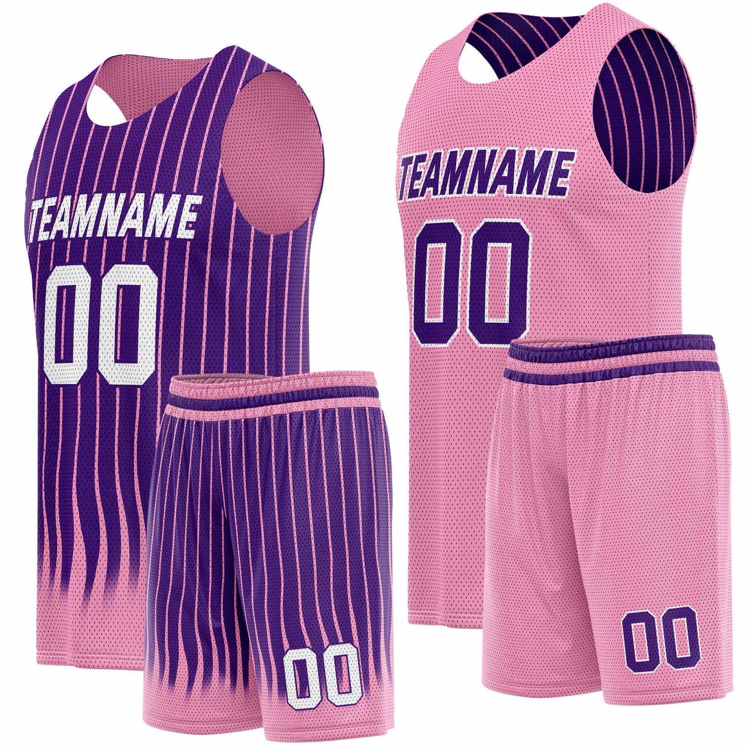 Custom Reversible Basketball Jersey + Shorts Set (Purple & Pink Stripe) - Personalized Team Name, Number & LOGO | Vosoli