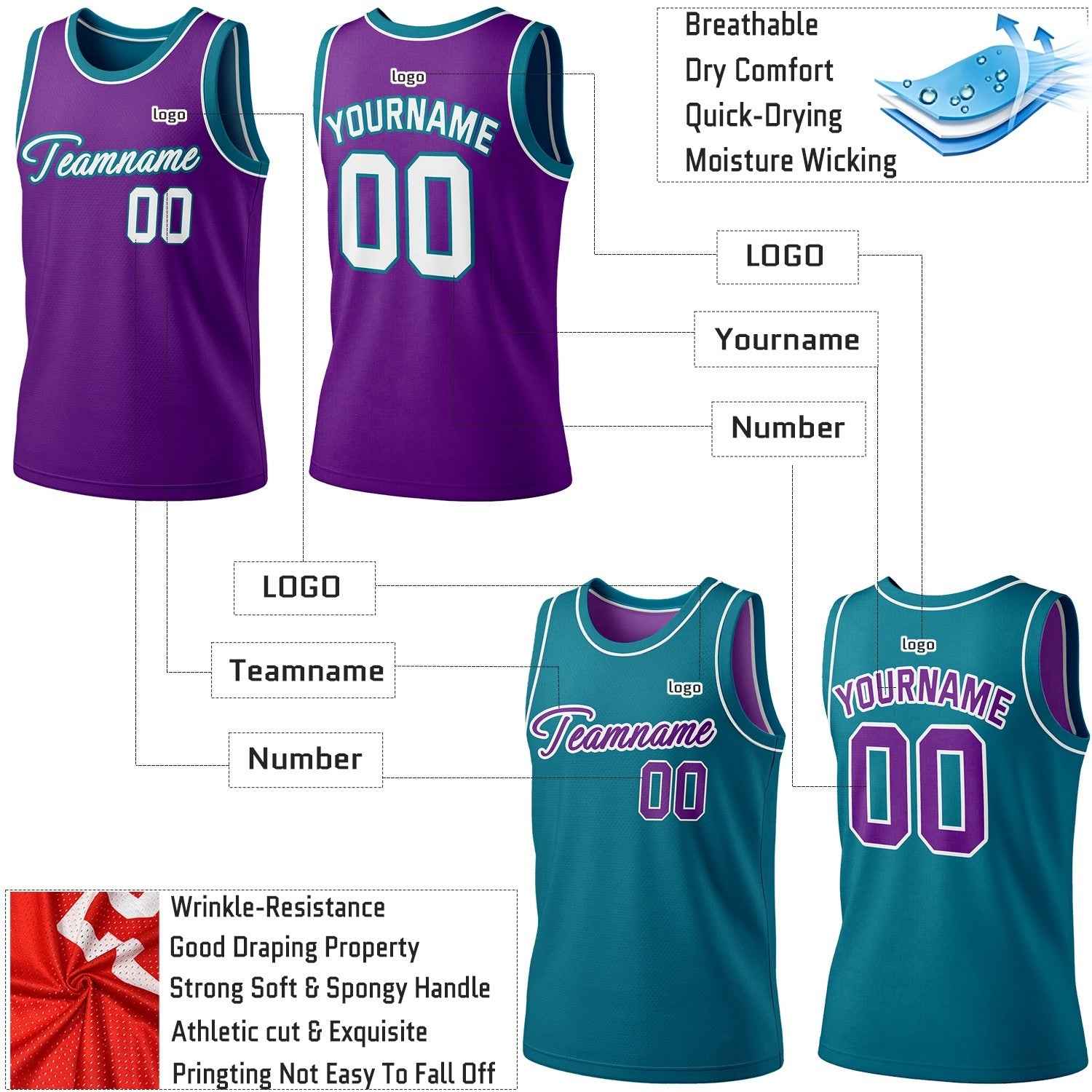 Custom Reversible Purple & Teal Basketball Jersey | Personalized Team Jersey | Vosoli