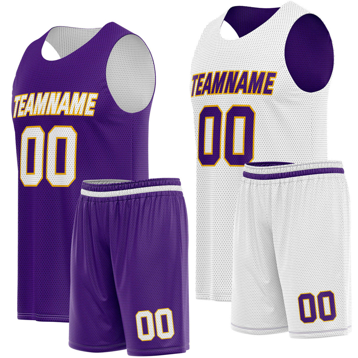 Custom Reversible Purple White Basketball Jersey Shorts Set, Personalized Team Name Number Breathable Mesh Uniform for Men Women Youth