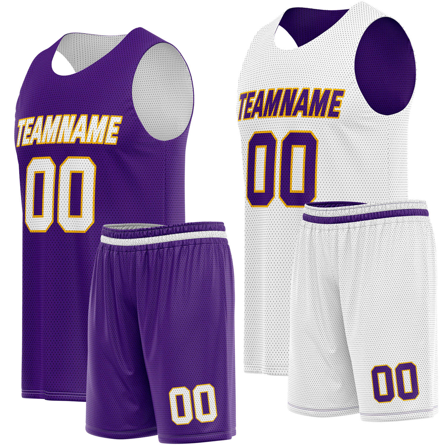 Custom Reversible Purple White Basketball Jersey Shorts Set, Personalized Team Name Number Breathable Mesh Uniform for Men Women Youth