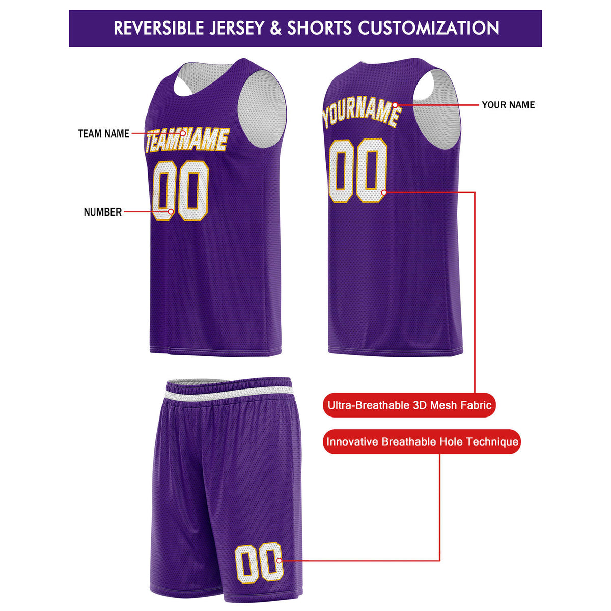 Custom Reversible Purple White Basketball Jersey & Shorts Set | Personalized Team Kit | Vosoli