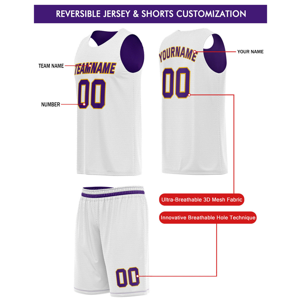 Custom Reversible Purple White Basketball Jersey & Shorts Set | Personalized Team Kit | Vosoli
