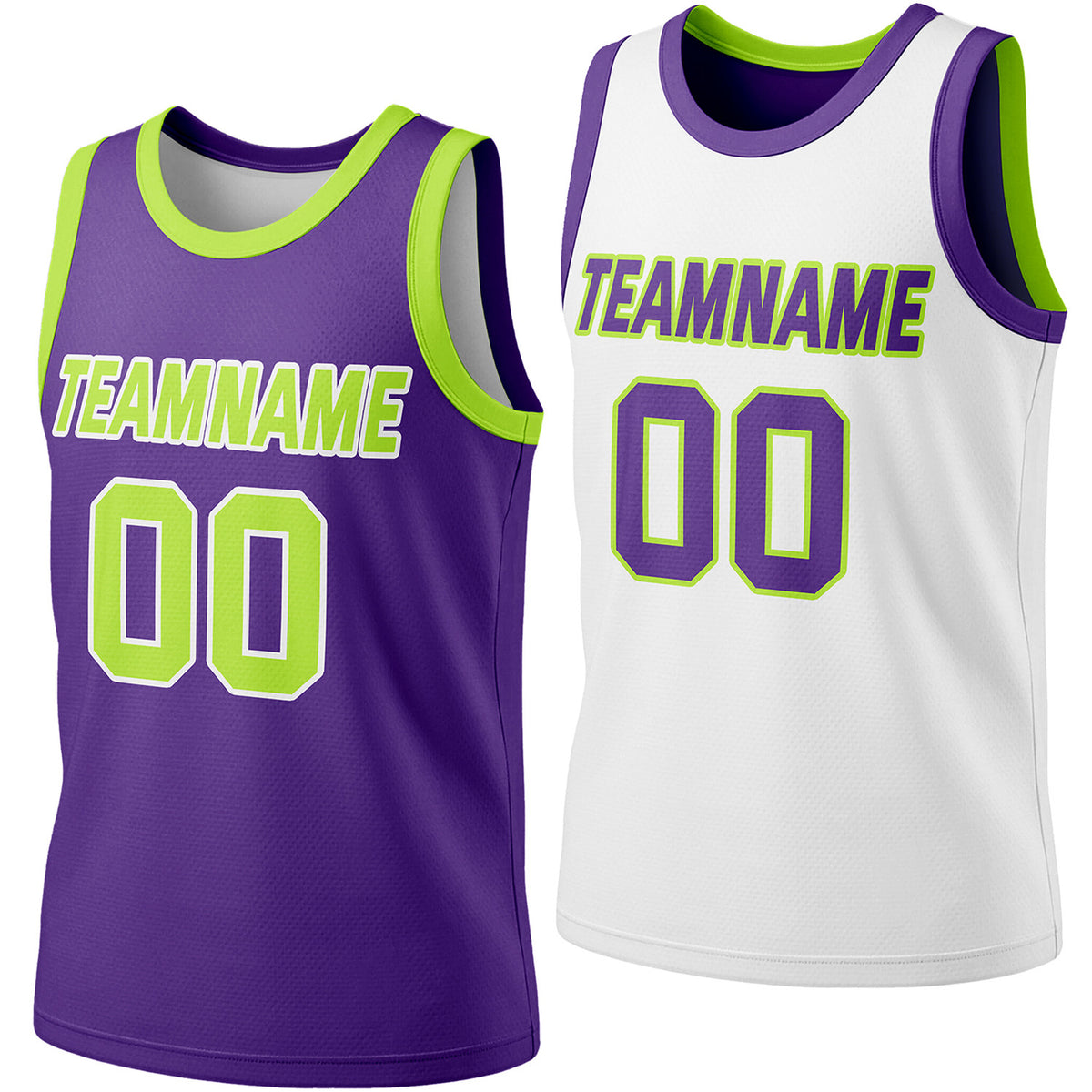 Custom reversible purple &amp; white basketball jersey, personalized team name number logo, breathable mesh fabric sports top with lime accents for men women youth Adult game practice - Vosoli