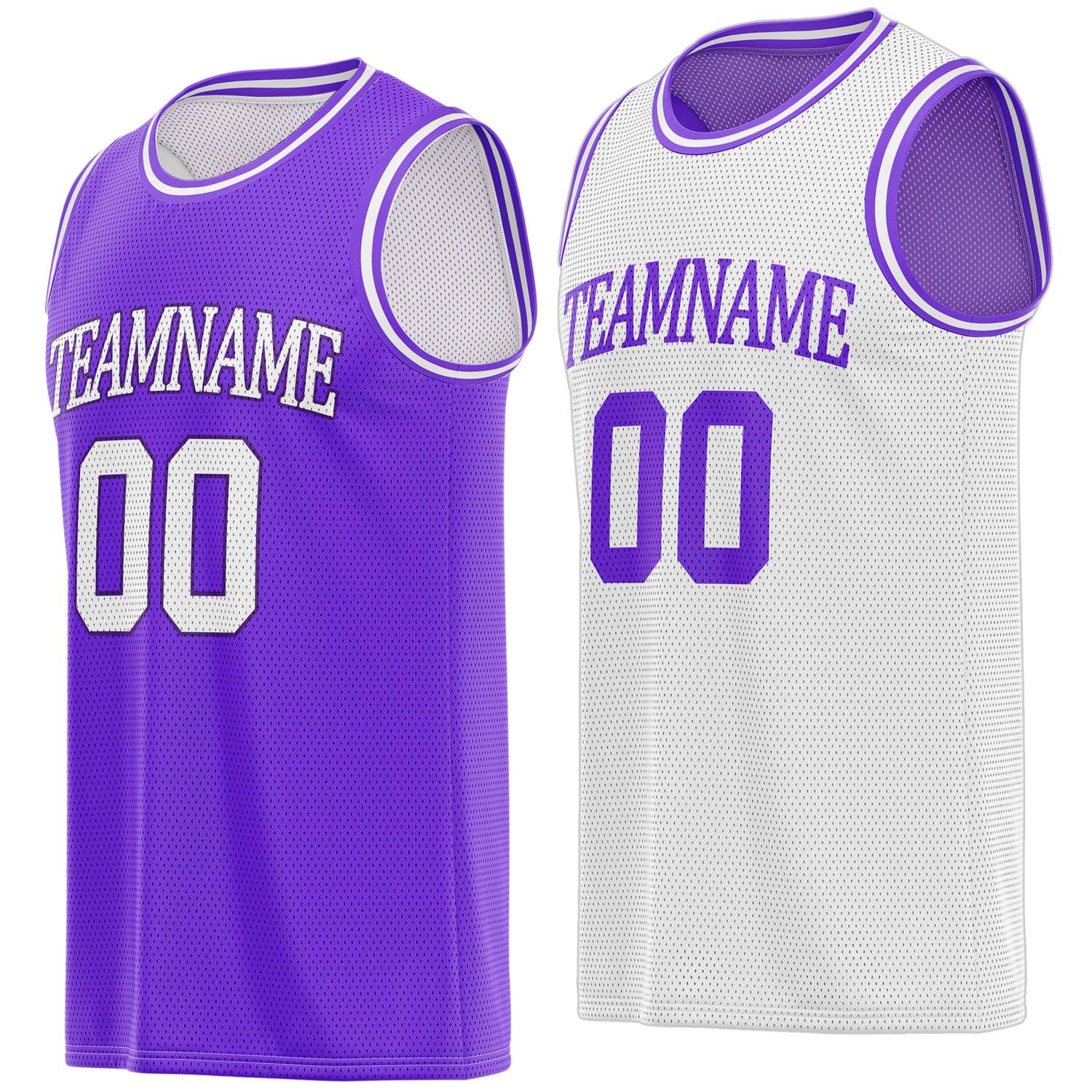 Custom reversible purple & white basketball jersey, personalized team name number logo breathable mesh sports top for men women youth game practice - Vosoli