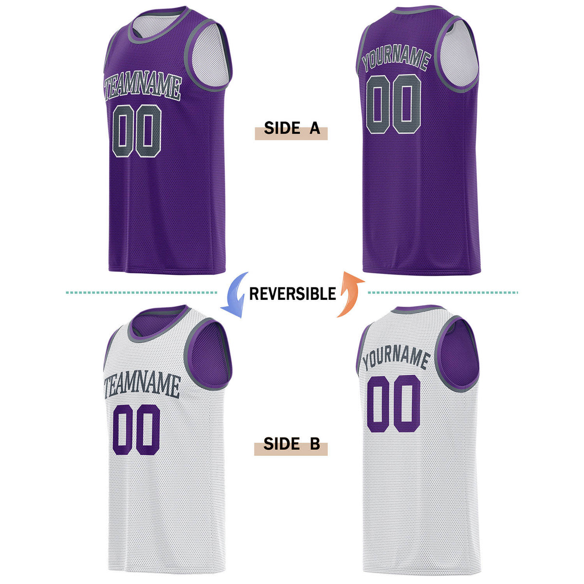 Custom Reversible Purple & White Basketball Jersey | Personalized for Team Sports - Vosoli