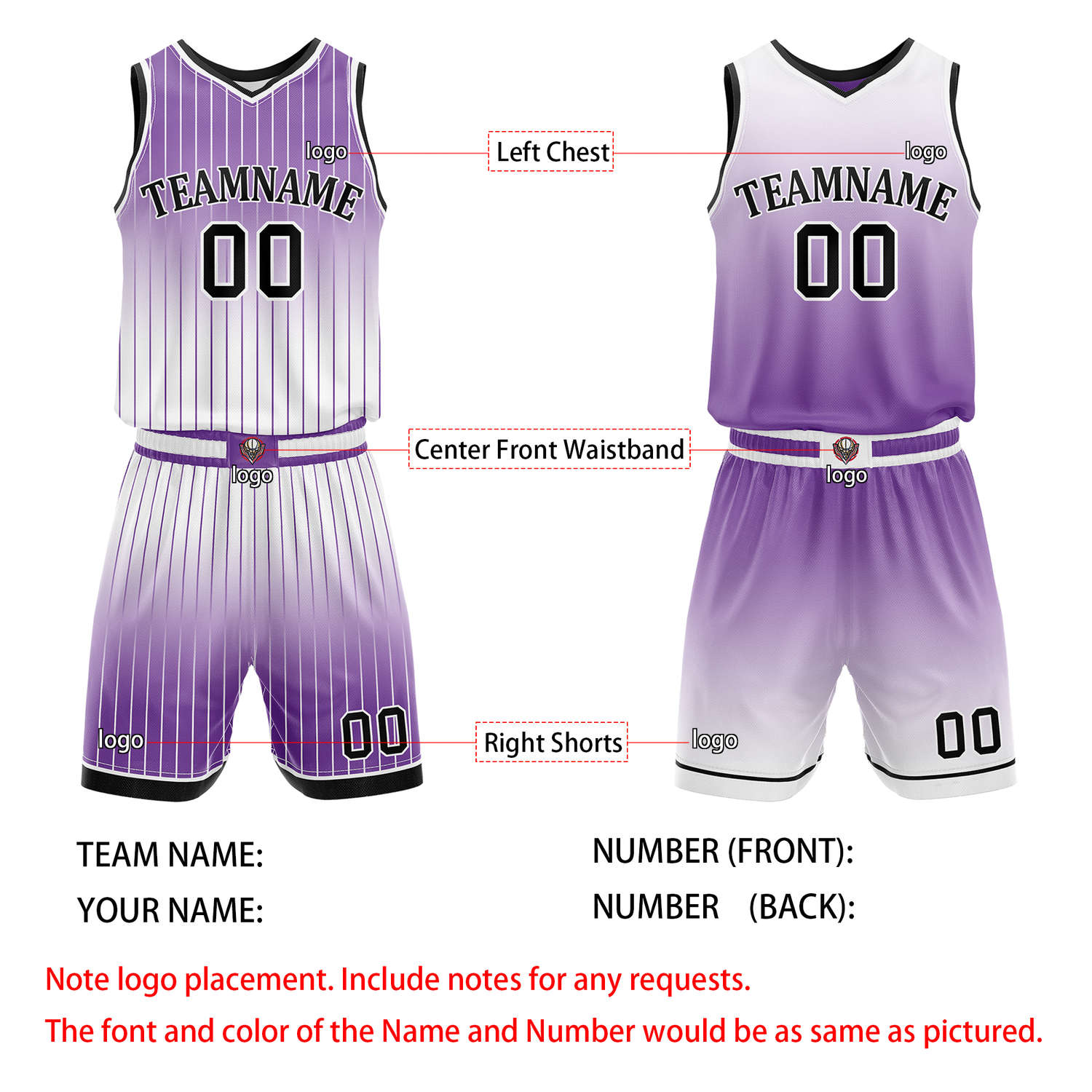 Custom Reversible Purple White Gradient Striped Basketball Uniform Set | Team & Player Name - Vosoli